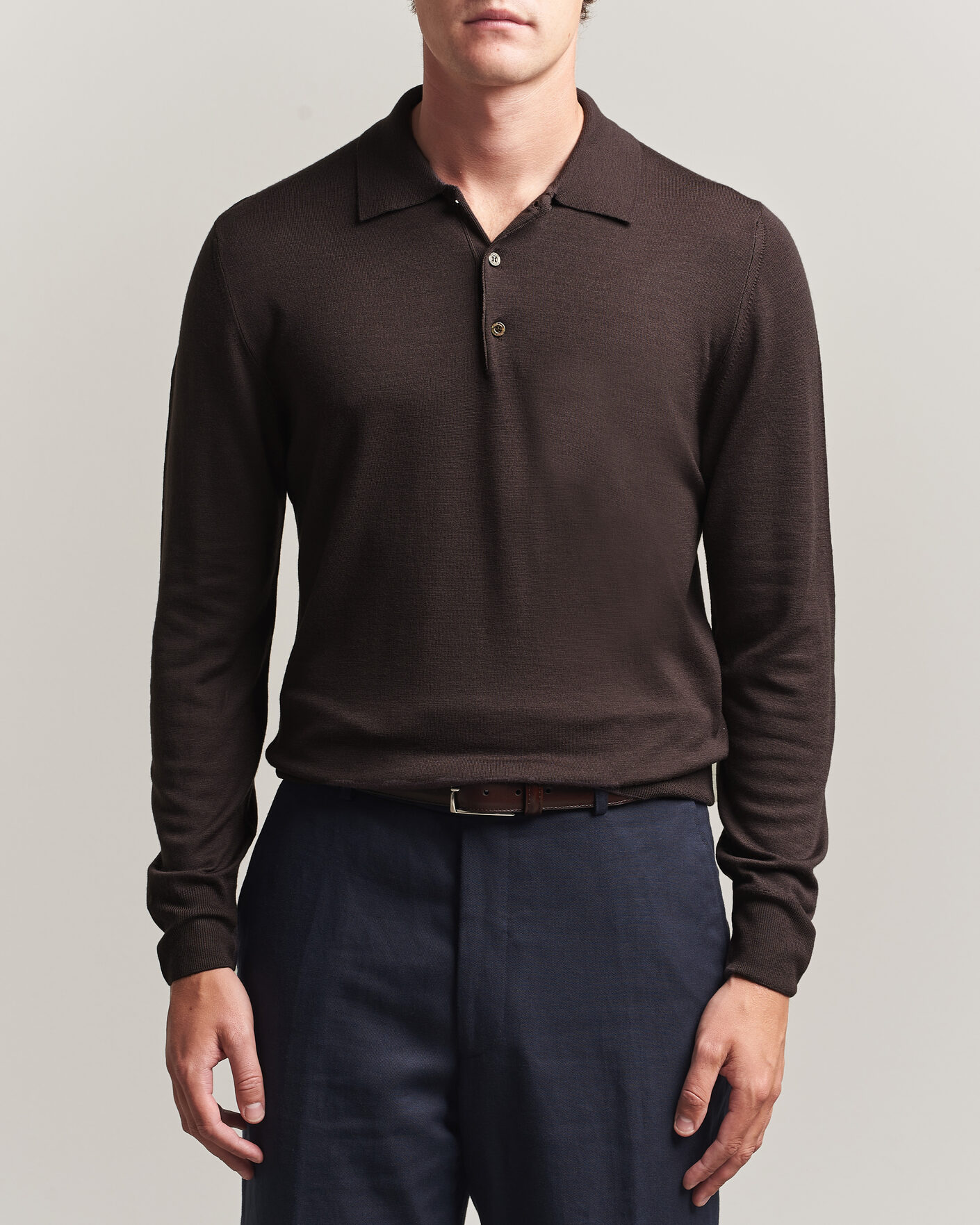 Herre | Gensere | Canali | Merino Wool Long Sleeve Polo Dark Brown