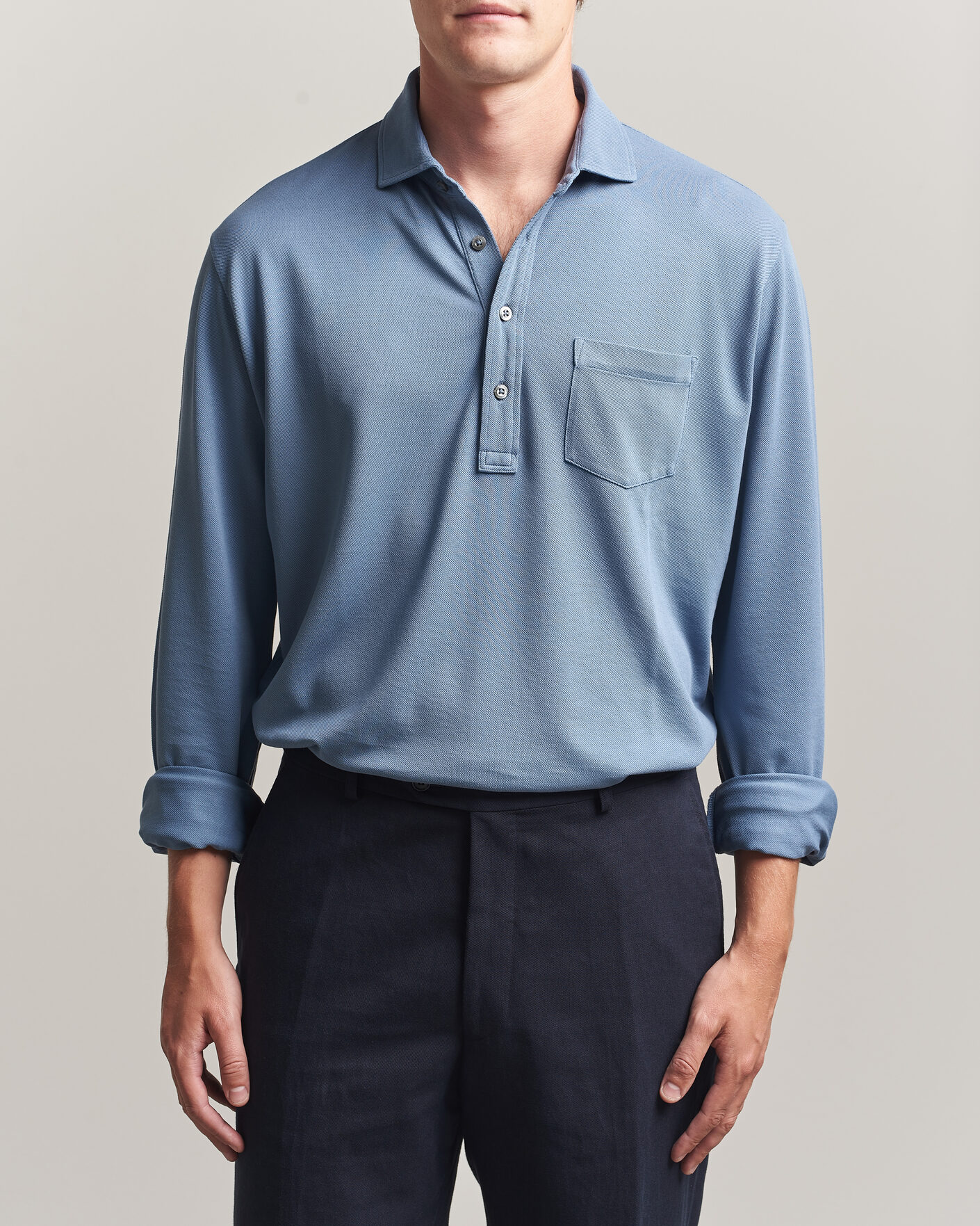 Herre | Pikéer | Ralph Lauren Purple Label | Long Sleeve Washed Polo Blue Horizon
