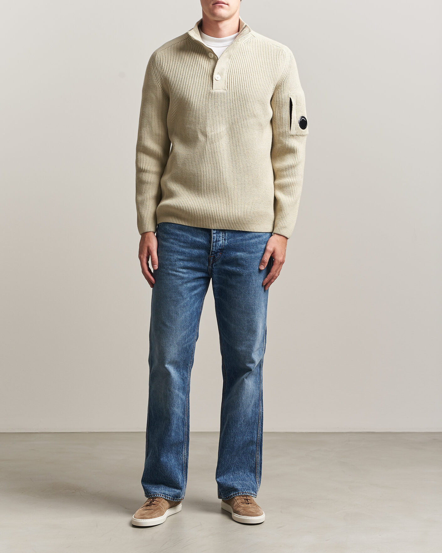 Herre | Gensere | C.P. Company | Full Rib Knitted Cotton Half Button Light Grey
