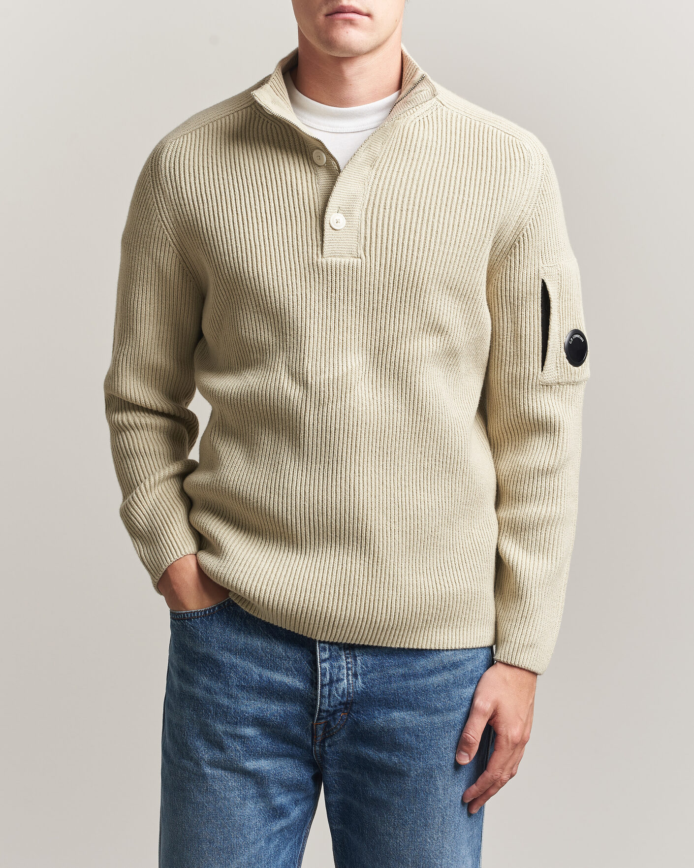 Herre | Gensere | C.P. Company | Full Rib Knitted Cotton Half Button Light Grey