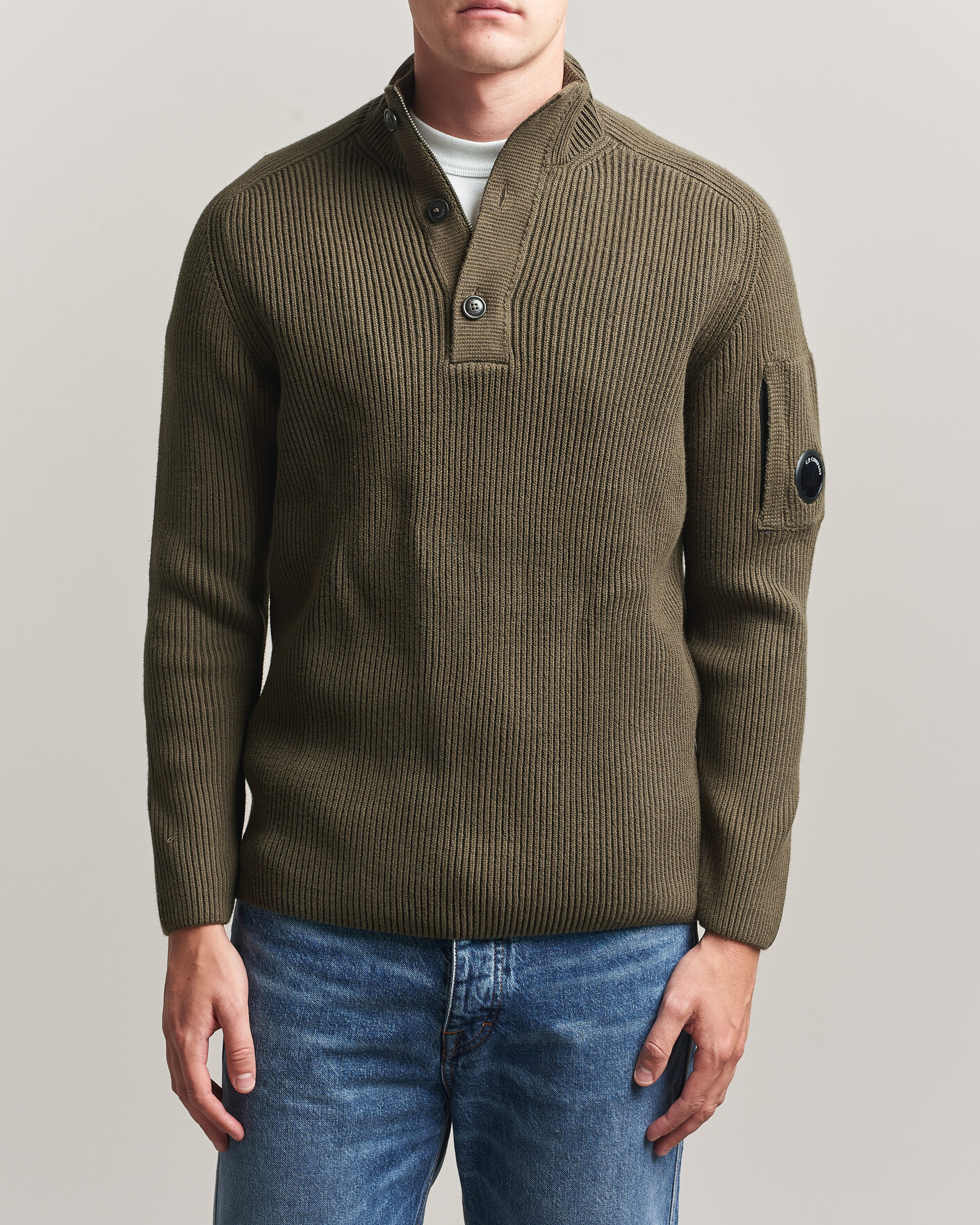 Herre | Gensere | C.P. Company | Full Rib Knitted Cotton Half Button Dark Green