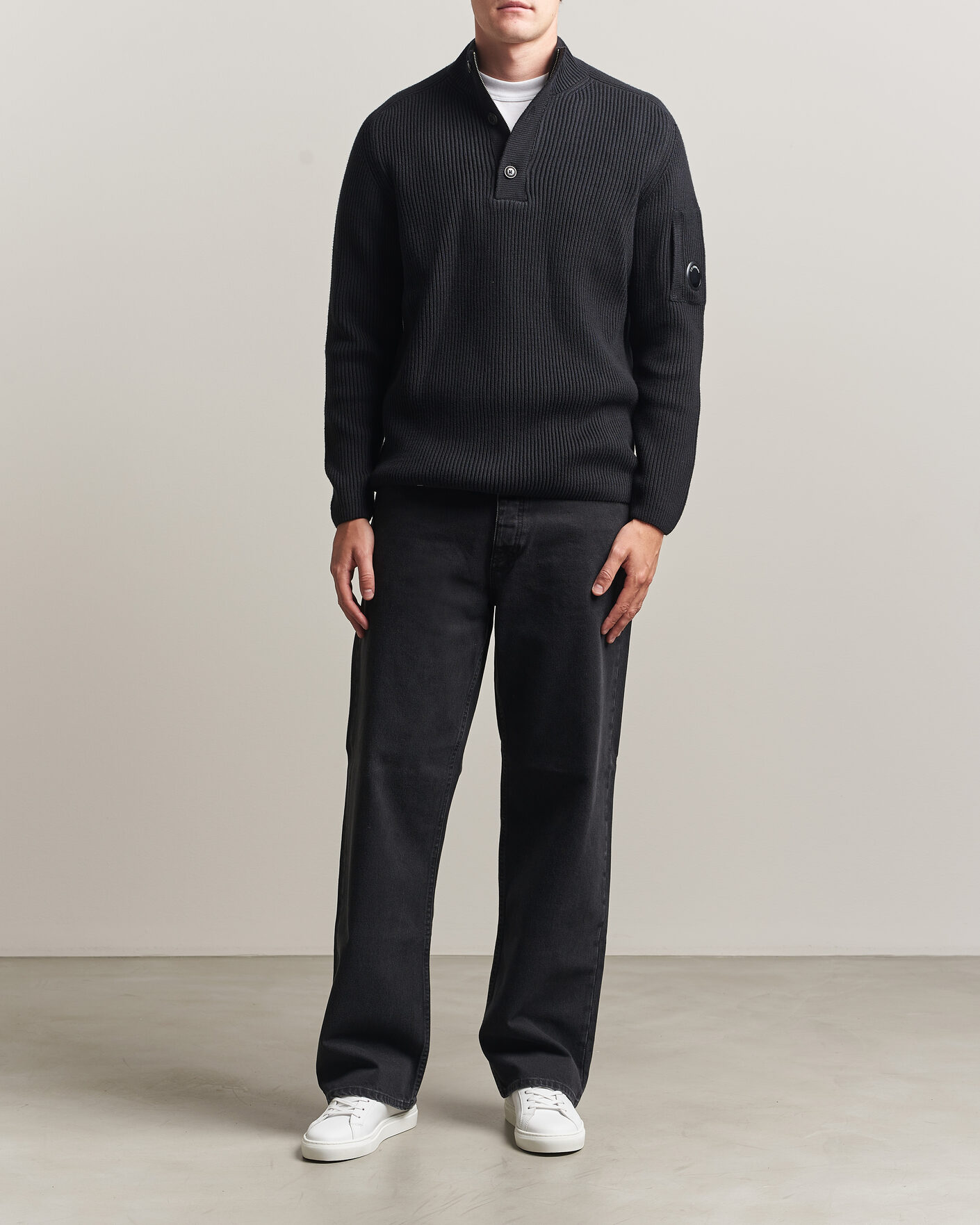 Herre | Gensere | C.P. Company | Full Rib Knitted Cotton Half Button Black