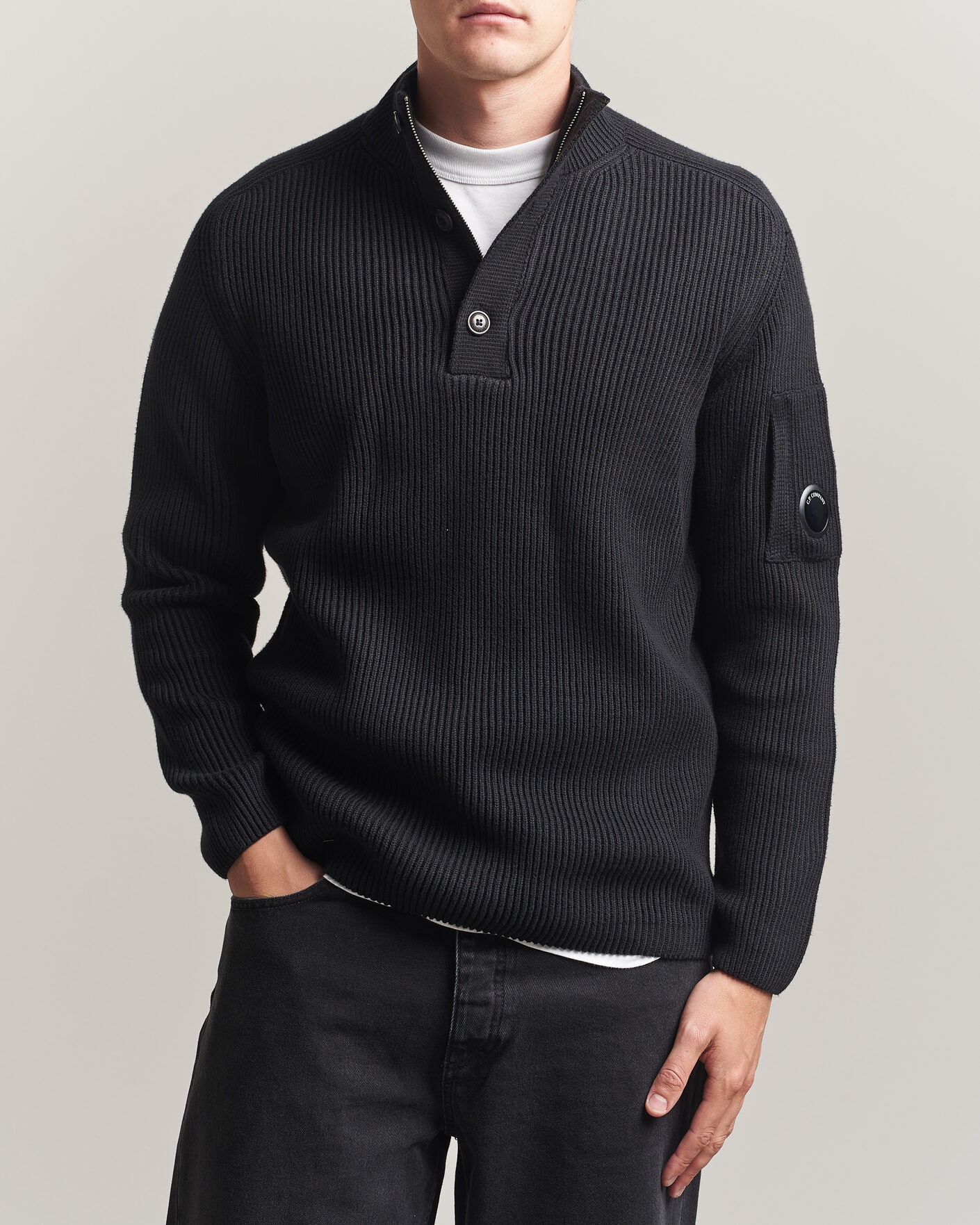 Herre | Gensere | C.P. Company | Full Rib Knitted Cotton Half Button Black