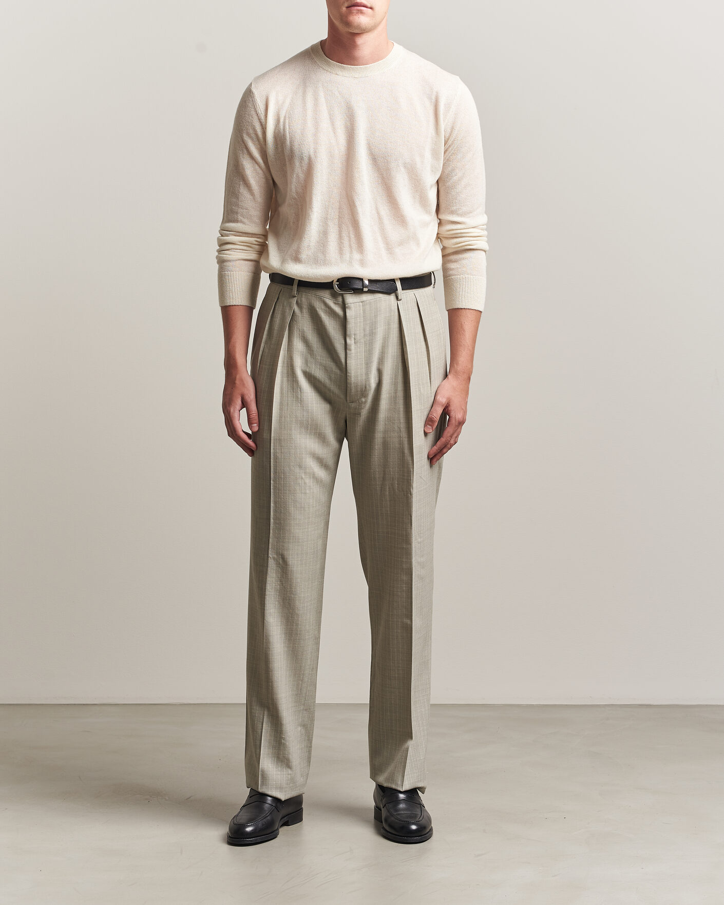 Herre | Bukser | Ralph Lauren Purple Label | Glenn Pinstriped Pleated Wool Trousers Grey