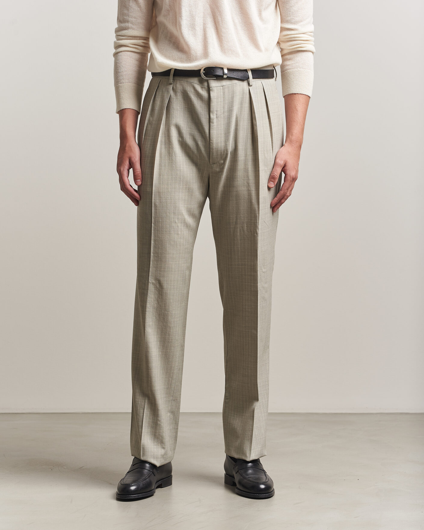 Herre | Bukser | Ralph Lauren Purple Label | Glenn Pinstriped Pleated Wool Trousers Grey