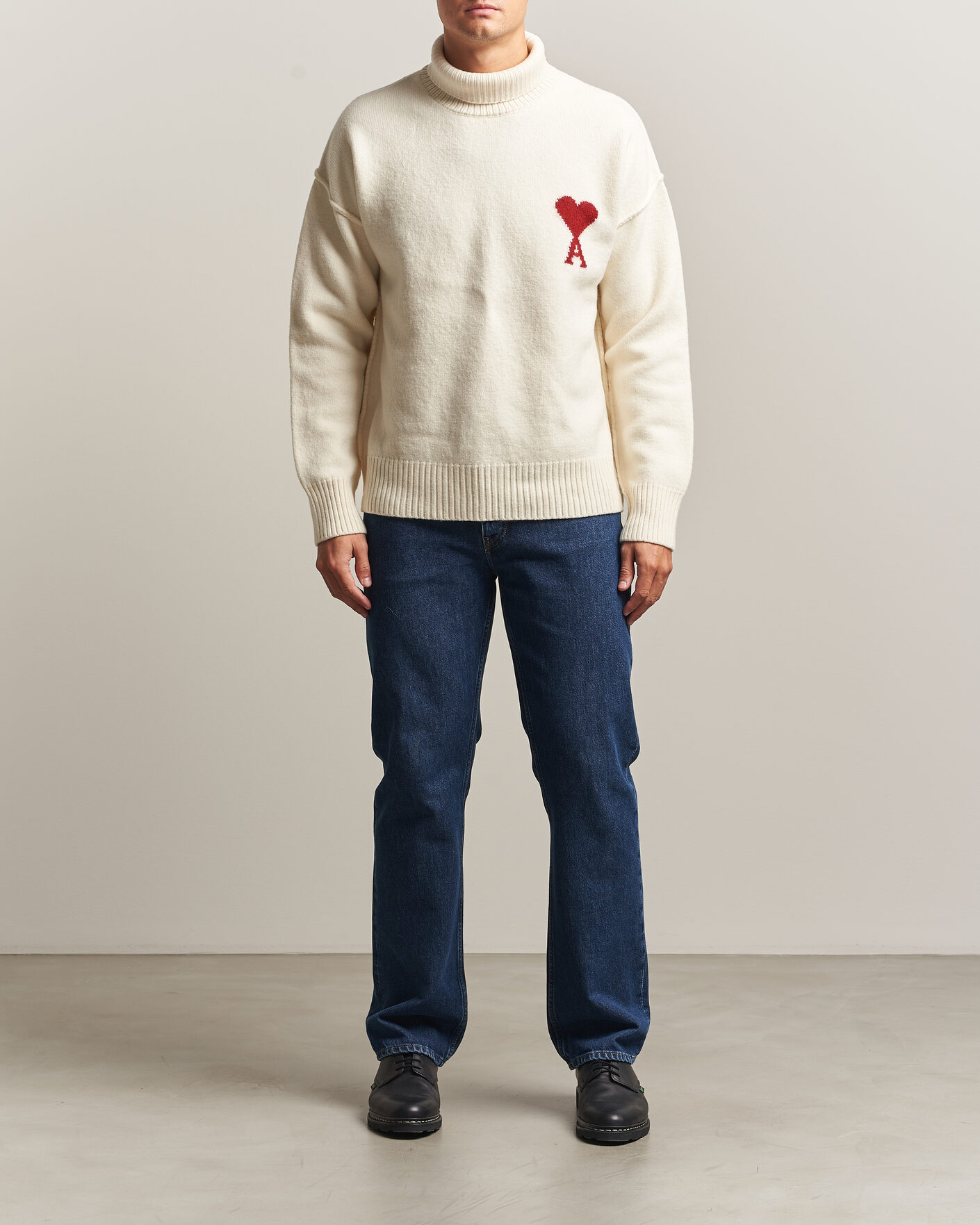 Herre | Gensere | AMI | Big Heart Logo Wool Knitted Polo Ecru