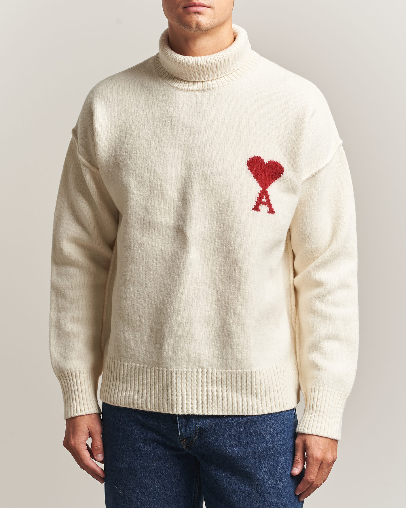 Herre | Gensere | AMI | Big Heart Logo Wool Knitted Polo Ecru