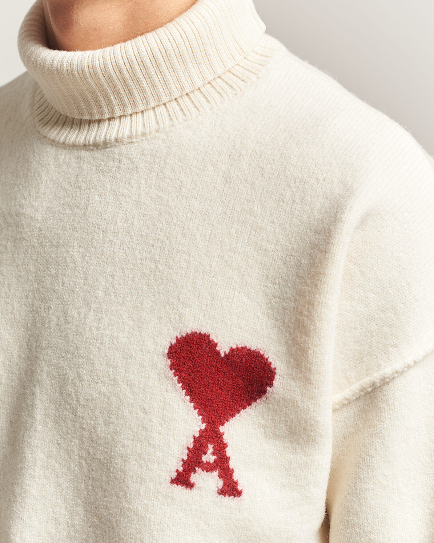 Herre | Gensere | AMI | Big Heart Logo Wool Knitted Polo Ecru