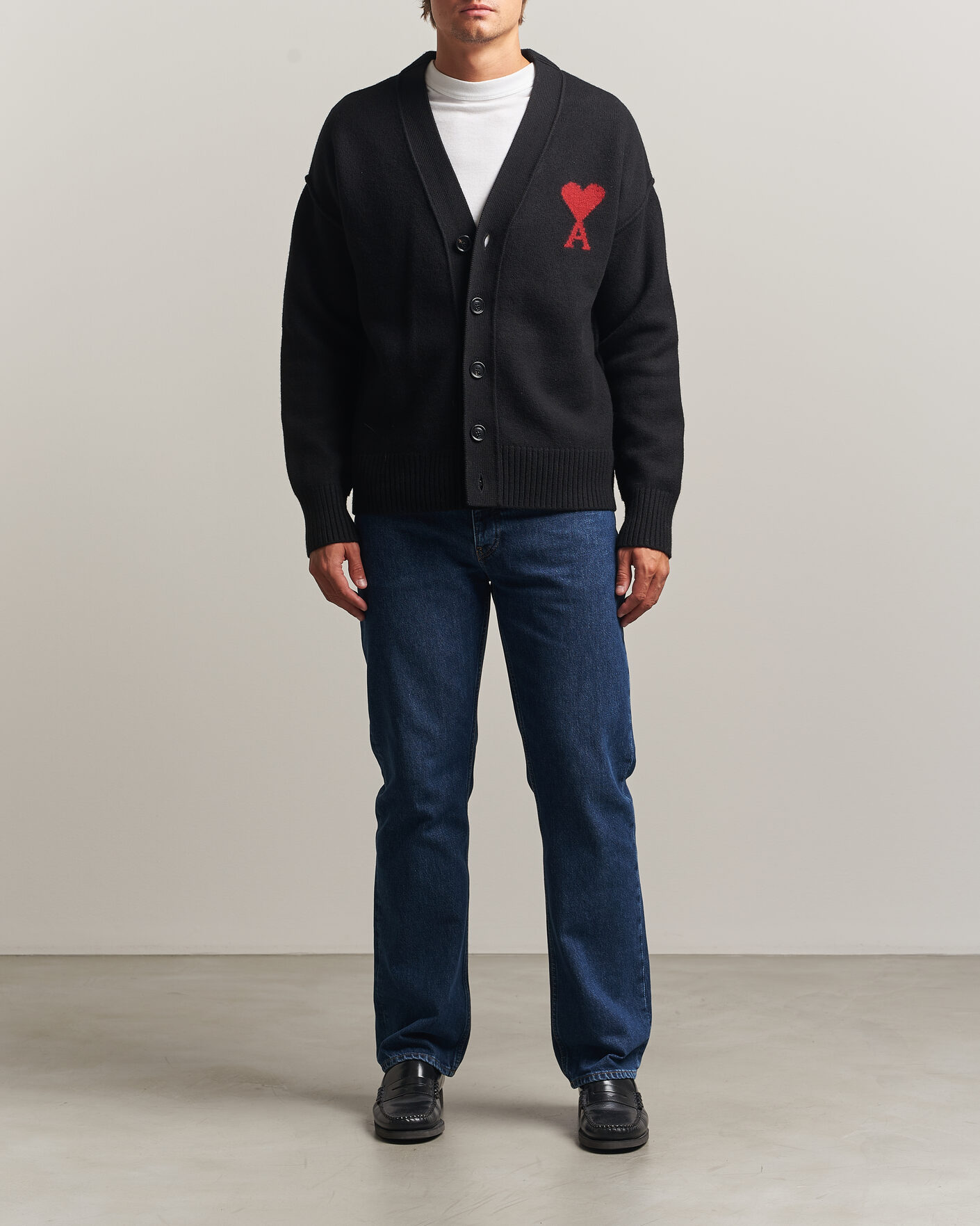 Herre | Gensere | AMI | Big Heart Logo Wool Knitted Cardigan Black