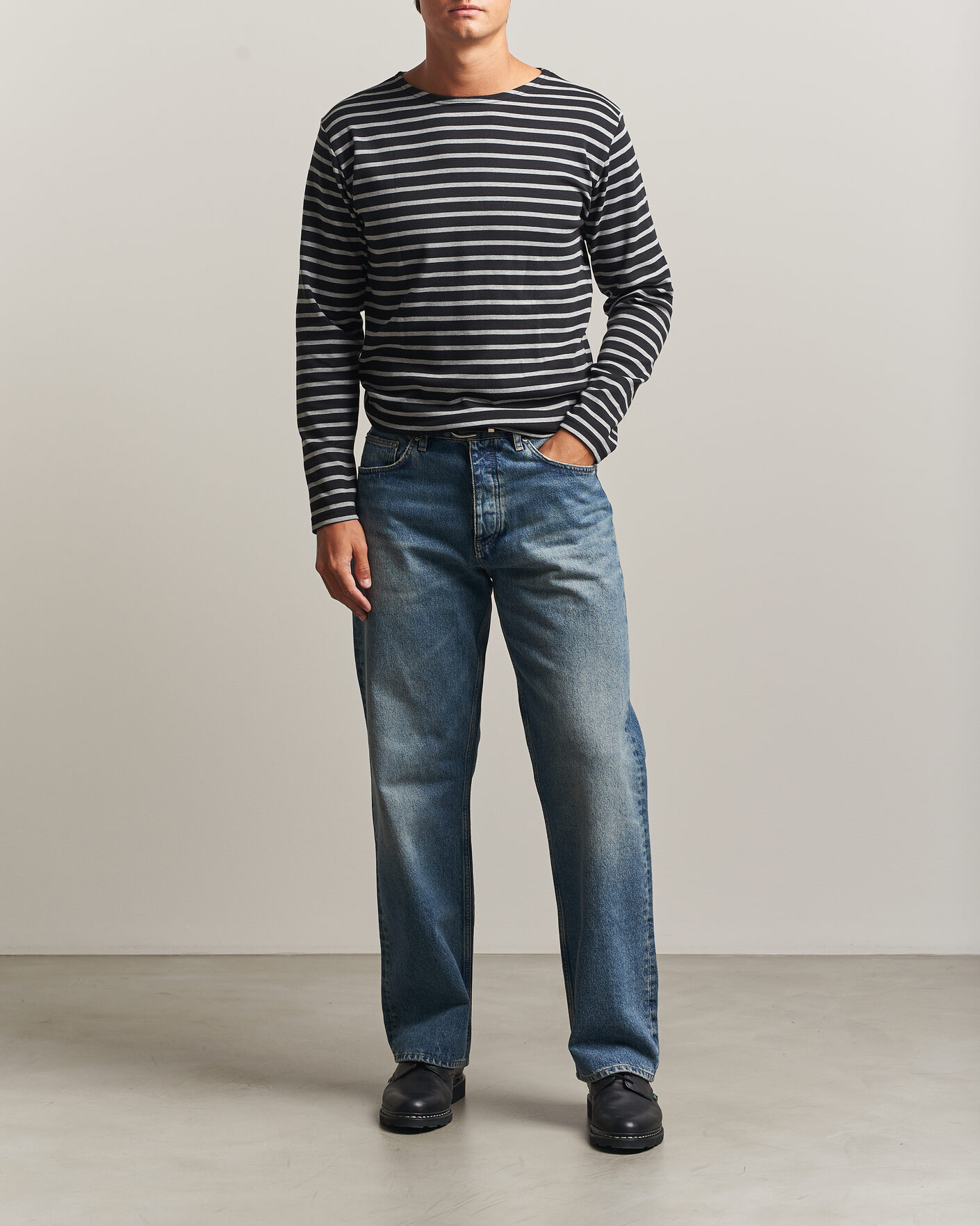 Herre | T-Shirts | Armor-lux | Houat Héritage Stripe Long Sleeve T-Shirt Black/Grey