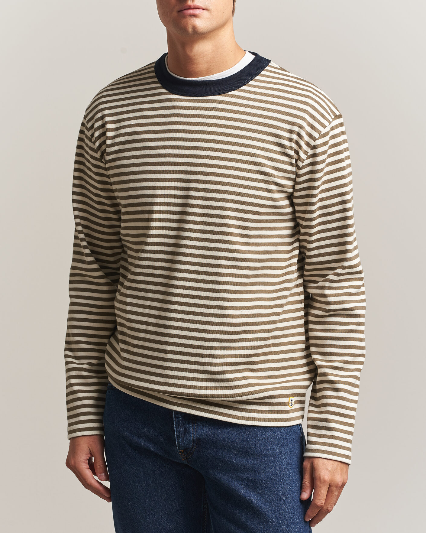 Herre | T-Shirts | Armor-lux | Héritage Striped Long Sleeve T-Shirt Olive/Milk