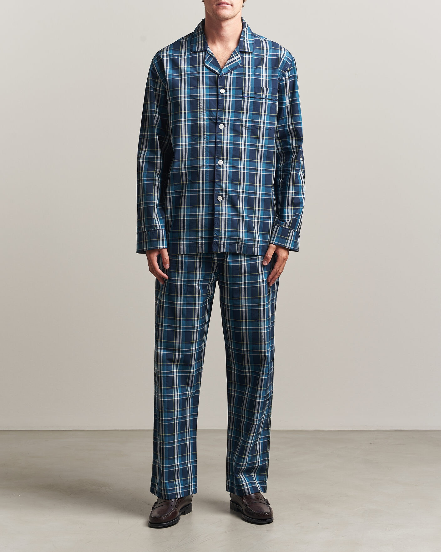 Herre | Pyjamaser og badekåper | Derek Rose | Piped Checked Cotton Pyjama Set Navy