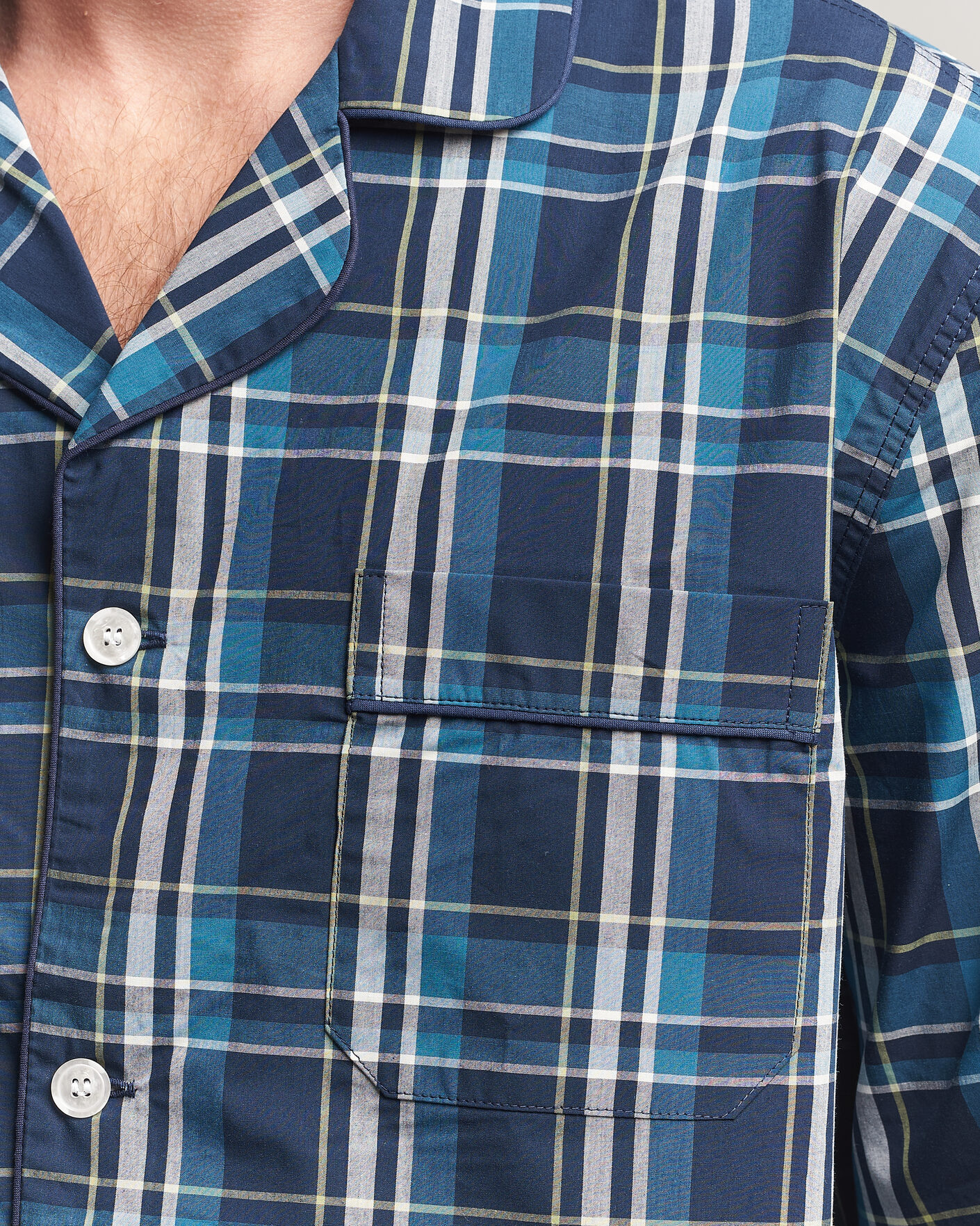 Herre | Pyjamaser og badekåper | Derek Rose | Piped Checked Cotton Pyjama Set Navy