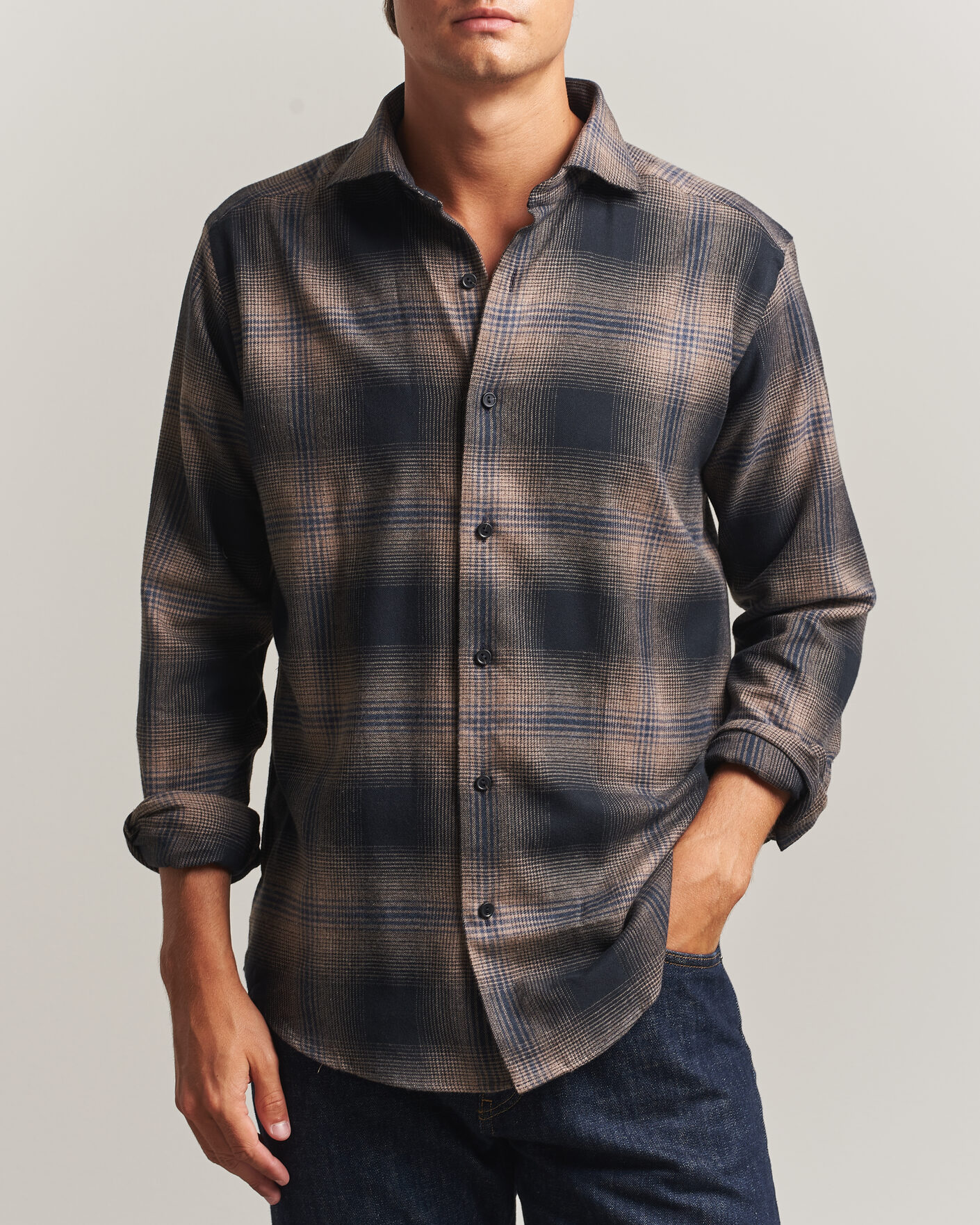 Herre | Skjorter | Eton | Casual Fit Checked Flannel Shirt Navy Blue