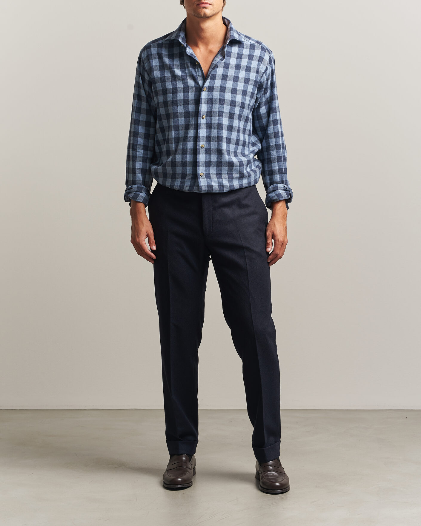 Herre | Skjorter | Eton | Casual Fit Checked Flannel Shirt Mid Blue