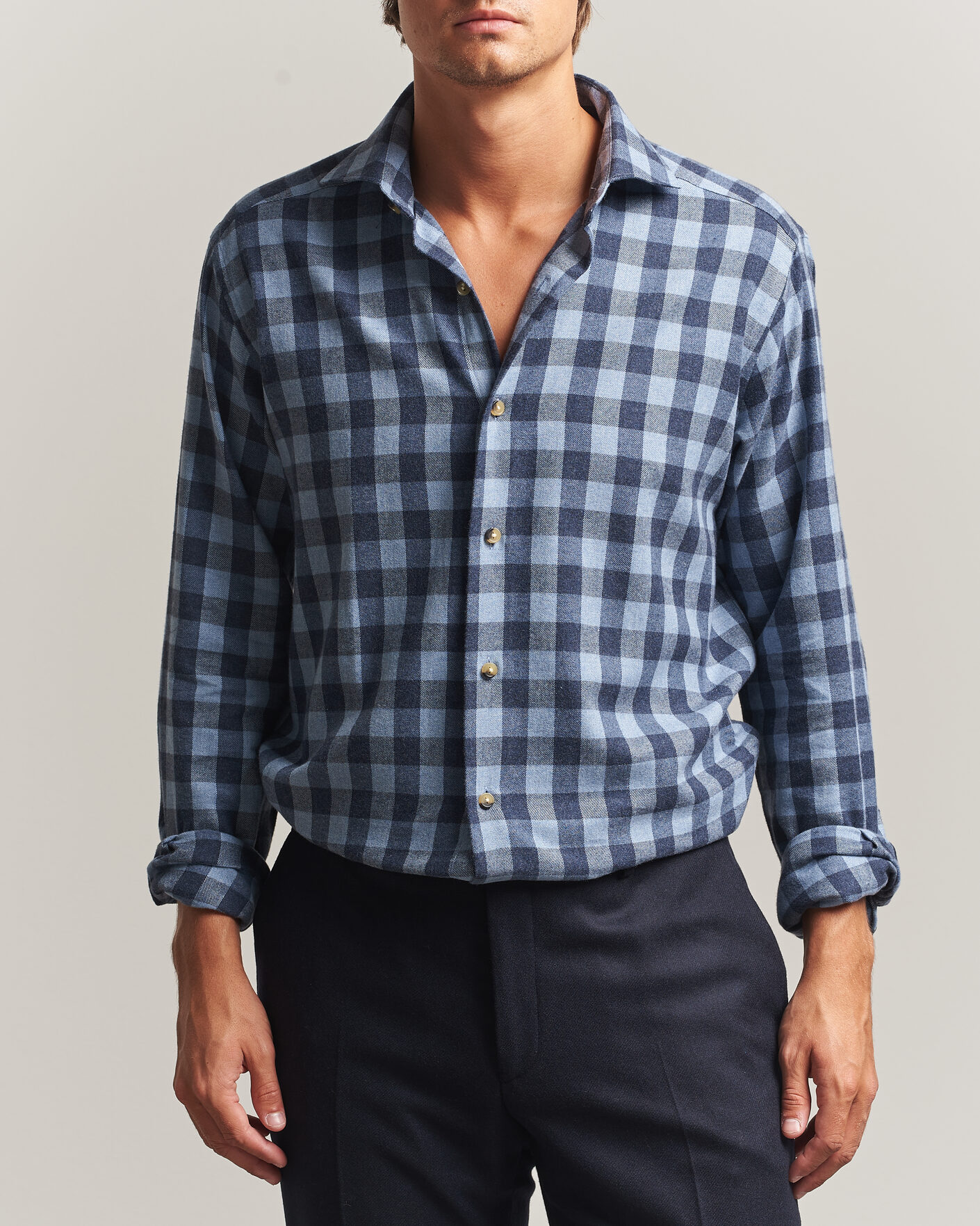 Herre | Skjorter | Eton | Casual Fit Checked Flannel Shirt Mid Blue