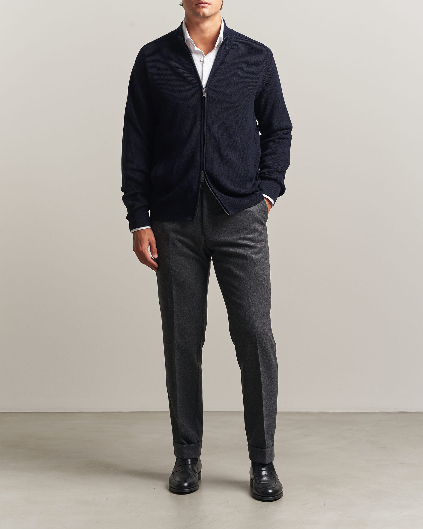 Herre | Gensere | Eton | Merino Wool Knitted Full Zip Navy Blue