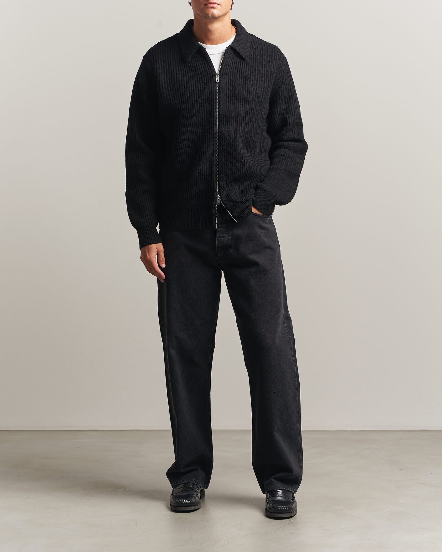Herre | Gensere | Filippa K | Ribbed Wool Knitted Full Zip Black