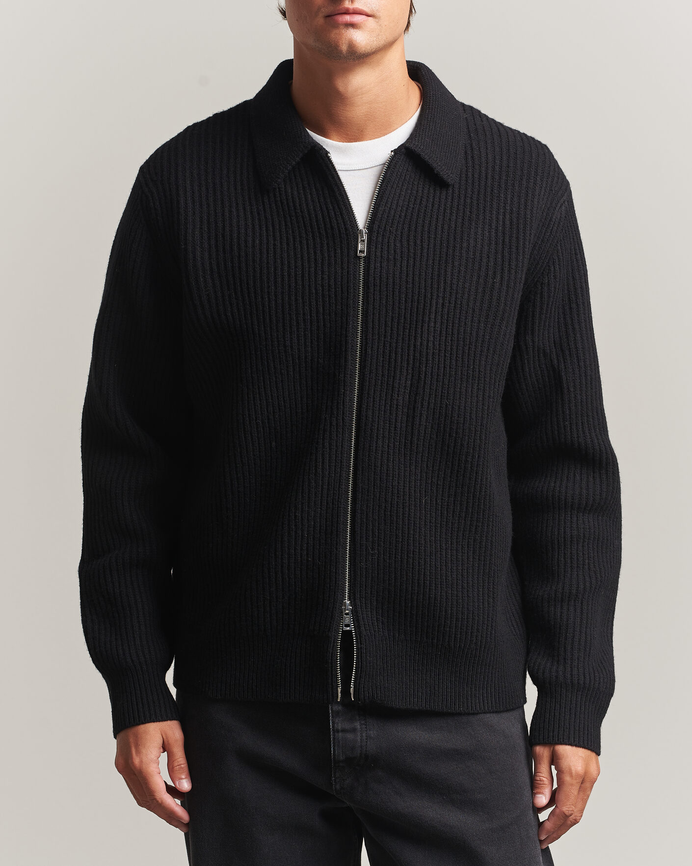 Herre | Gensere | Filippa K | Ribbed Wool Knitted Full Zip Black