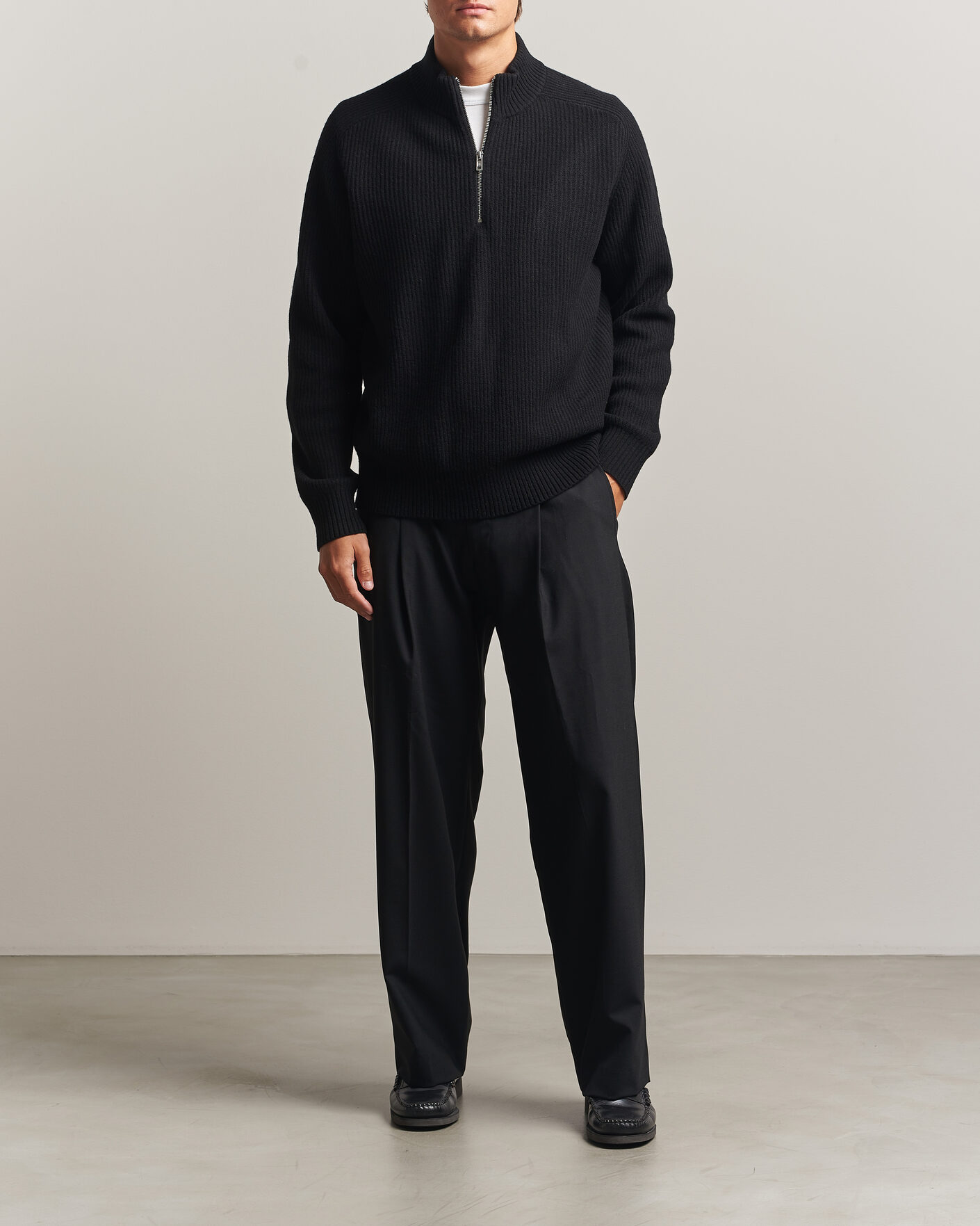 Herre | Gensere | Filippa K | Ribbed Wool Knitted Half Zip Black
