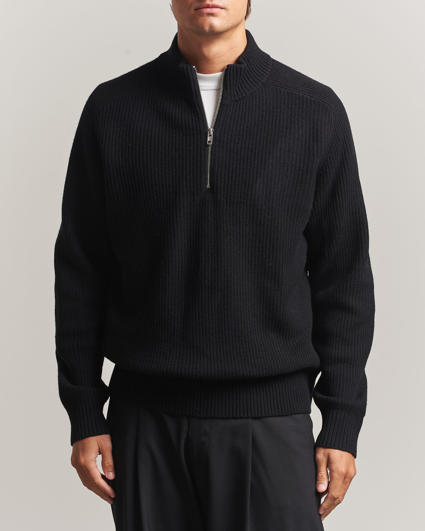 Herre | Gensere | Filippa K | Ribbed Wool Knitted Half Zip Black
