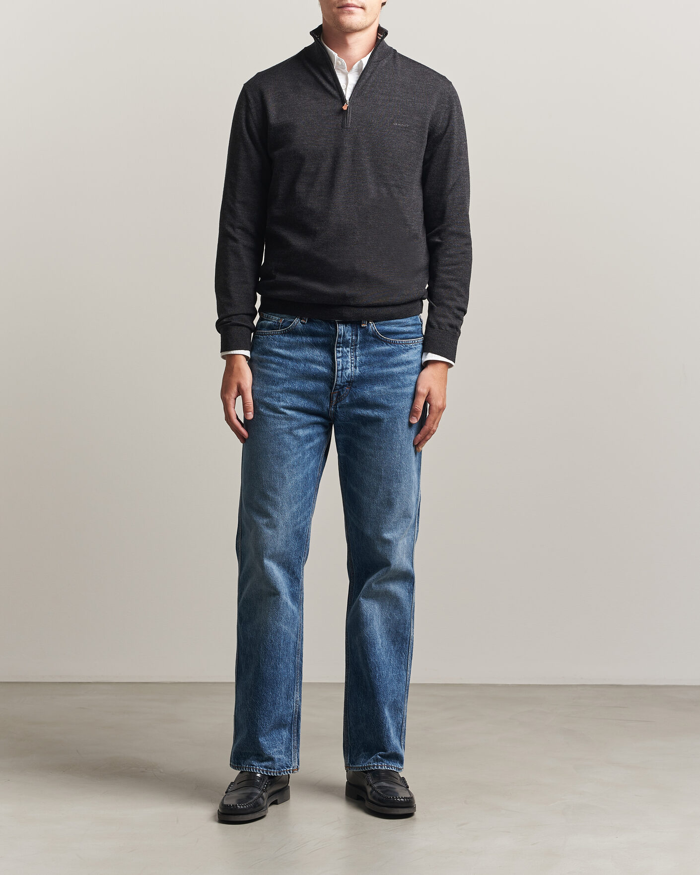 Herre | Gensere | Gant | Extrafine Merino Knitted Half Zip Dark Charcoal Melange