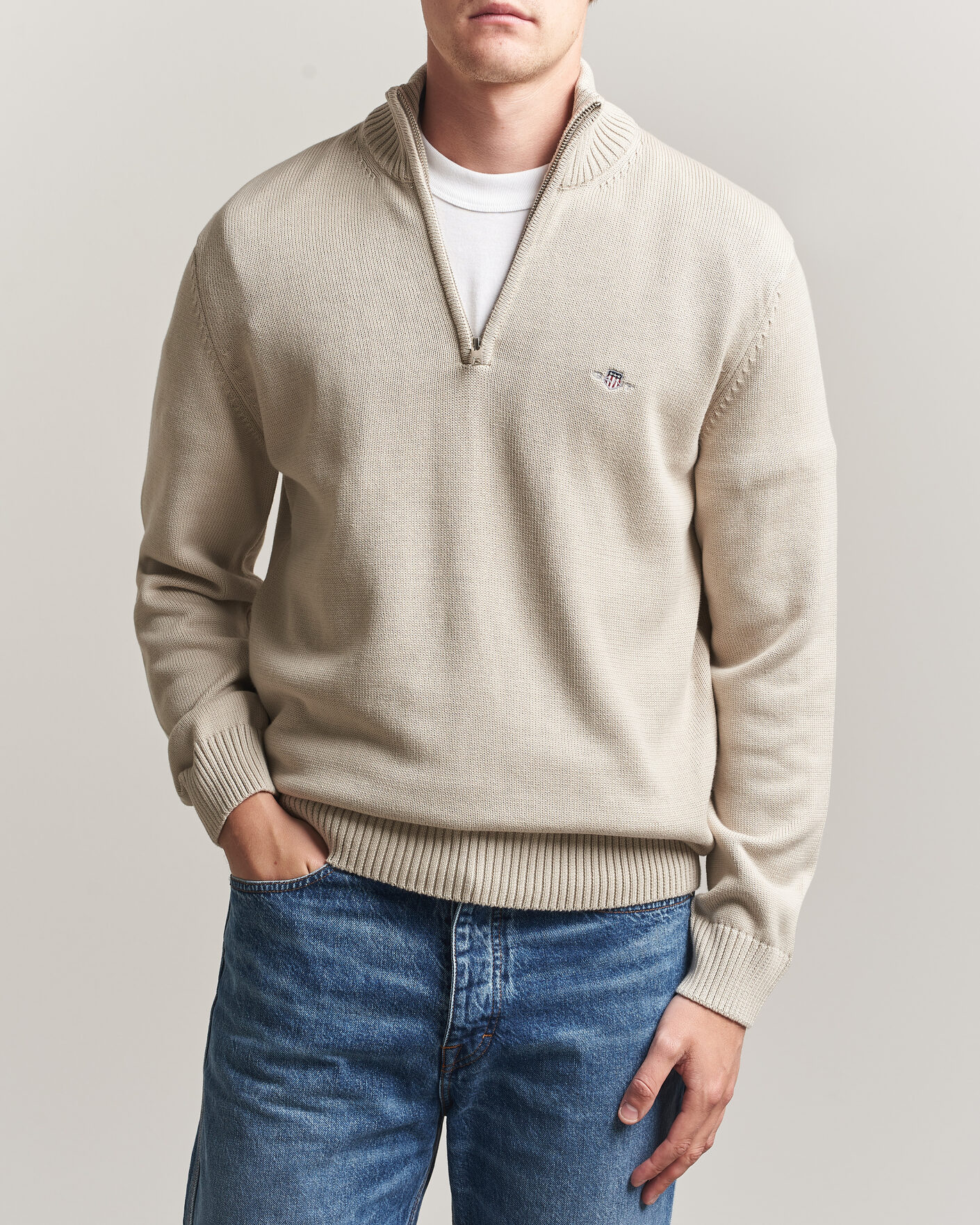 Herre | Gensere | Gant | Casual Cotton Knitted Half Zip Clay Beige
