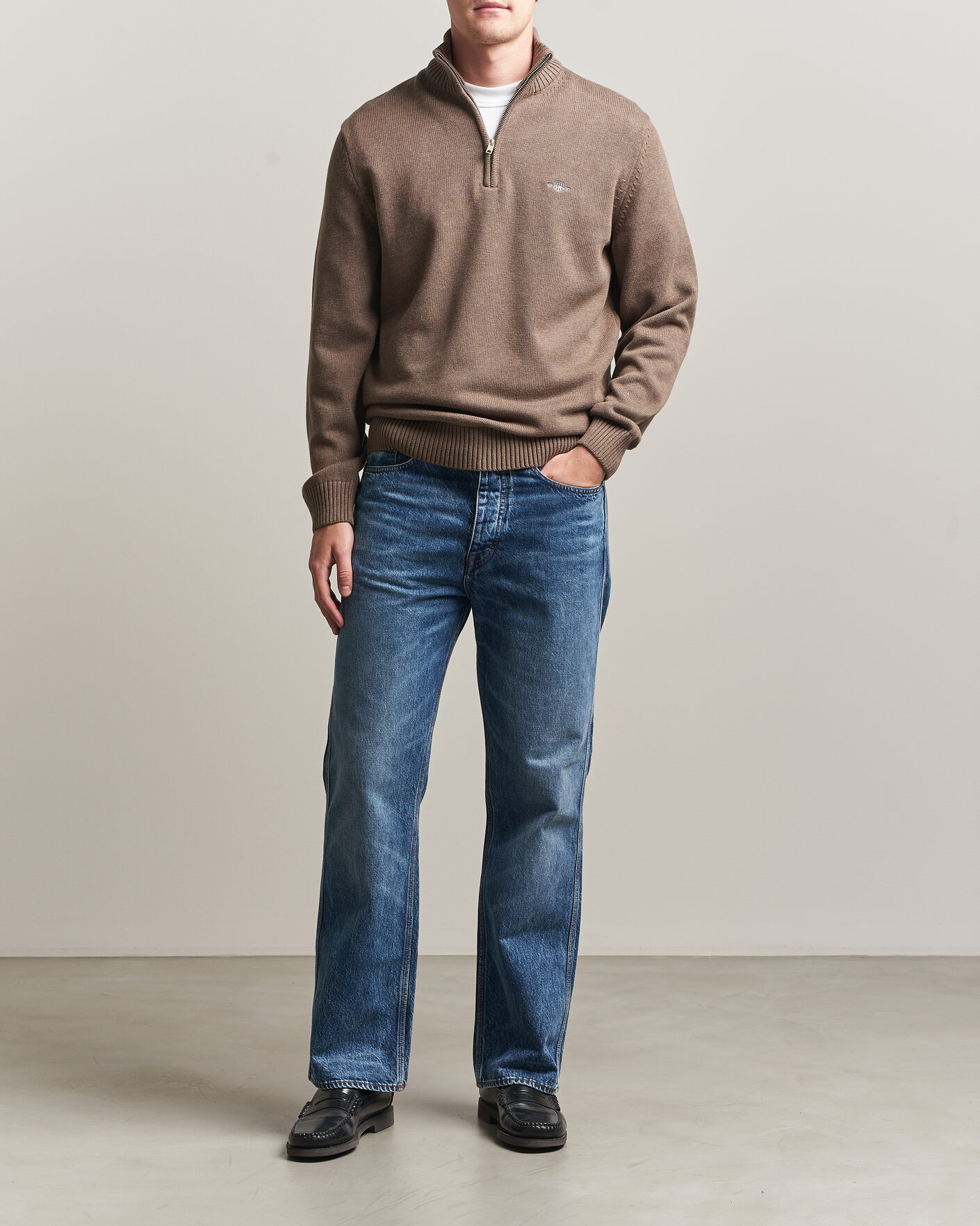 Herre | Gensere | Gant | Casual Cotton Knitted Half Zip Dark Hazelnut Melange