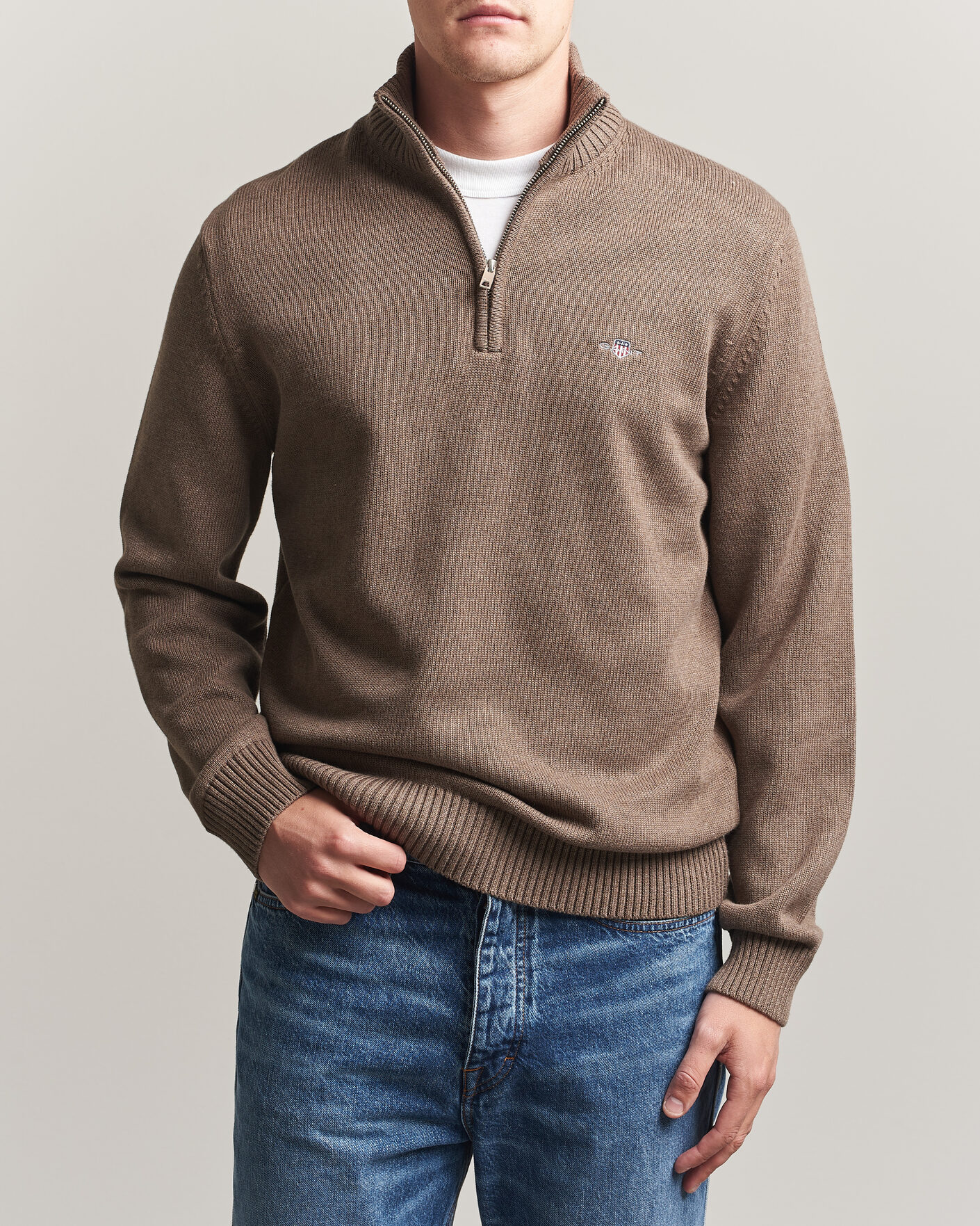Herre | Gensere | Gant | Casual Cotton Knitted Half Zip Dark Hazelnut Melange
