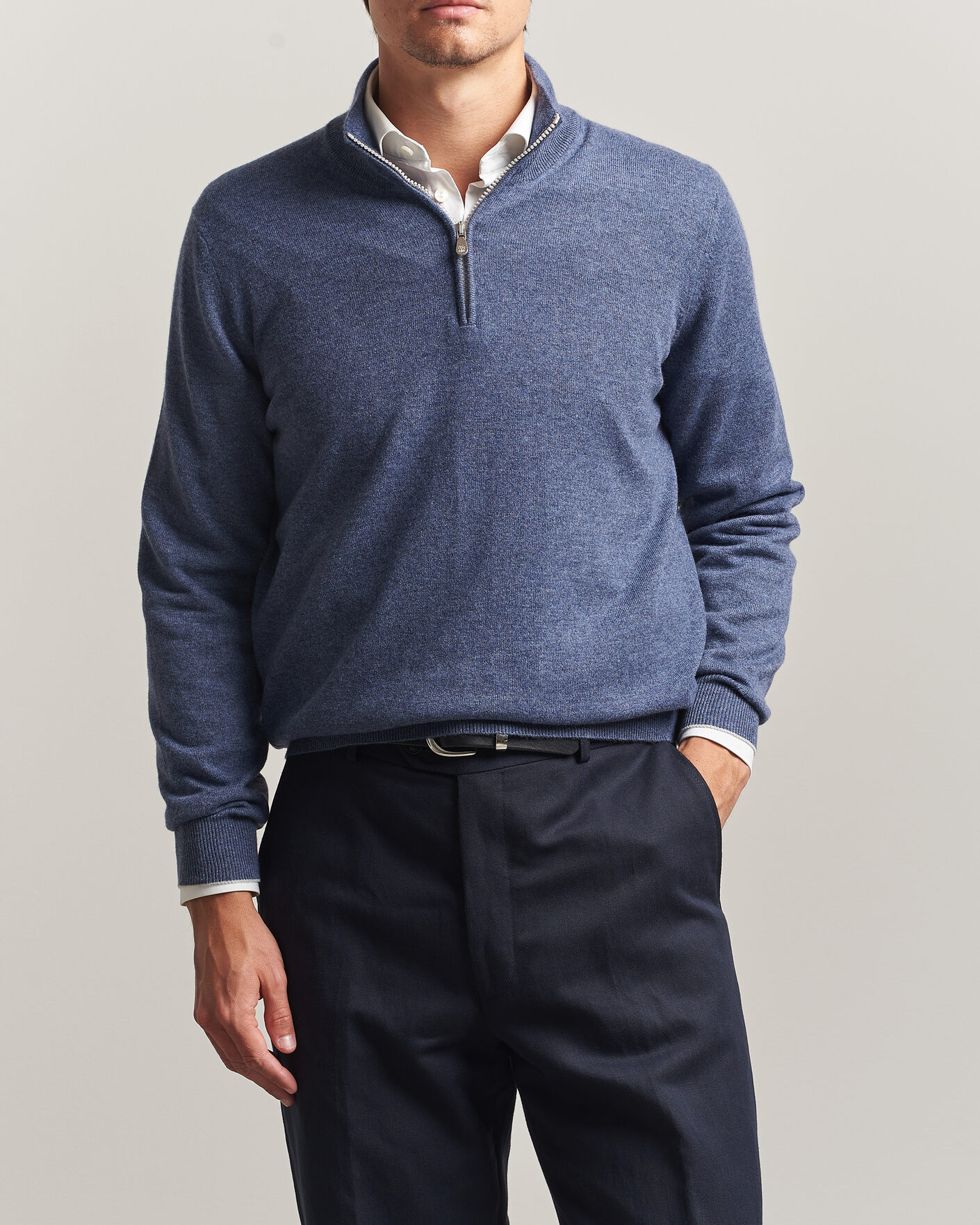 Herre | Gensere | Brunello Cucinelli | 2 Ply Cashmere Half Zip Denim Blue