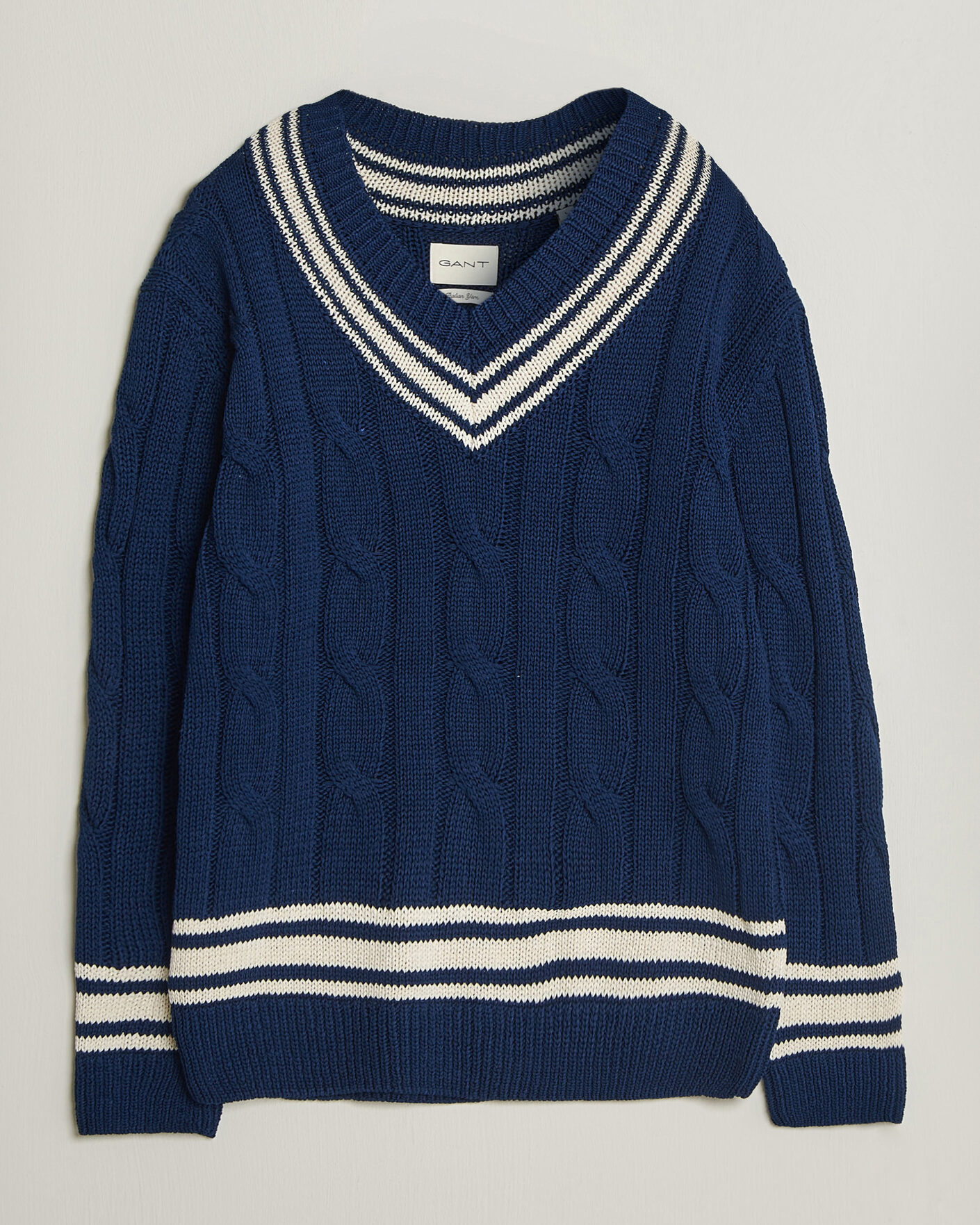 Herre | Gensere | Gant | Mercerized Cotton Knitted Cable V-Neck Persian Blue