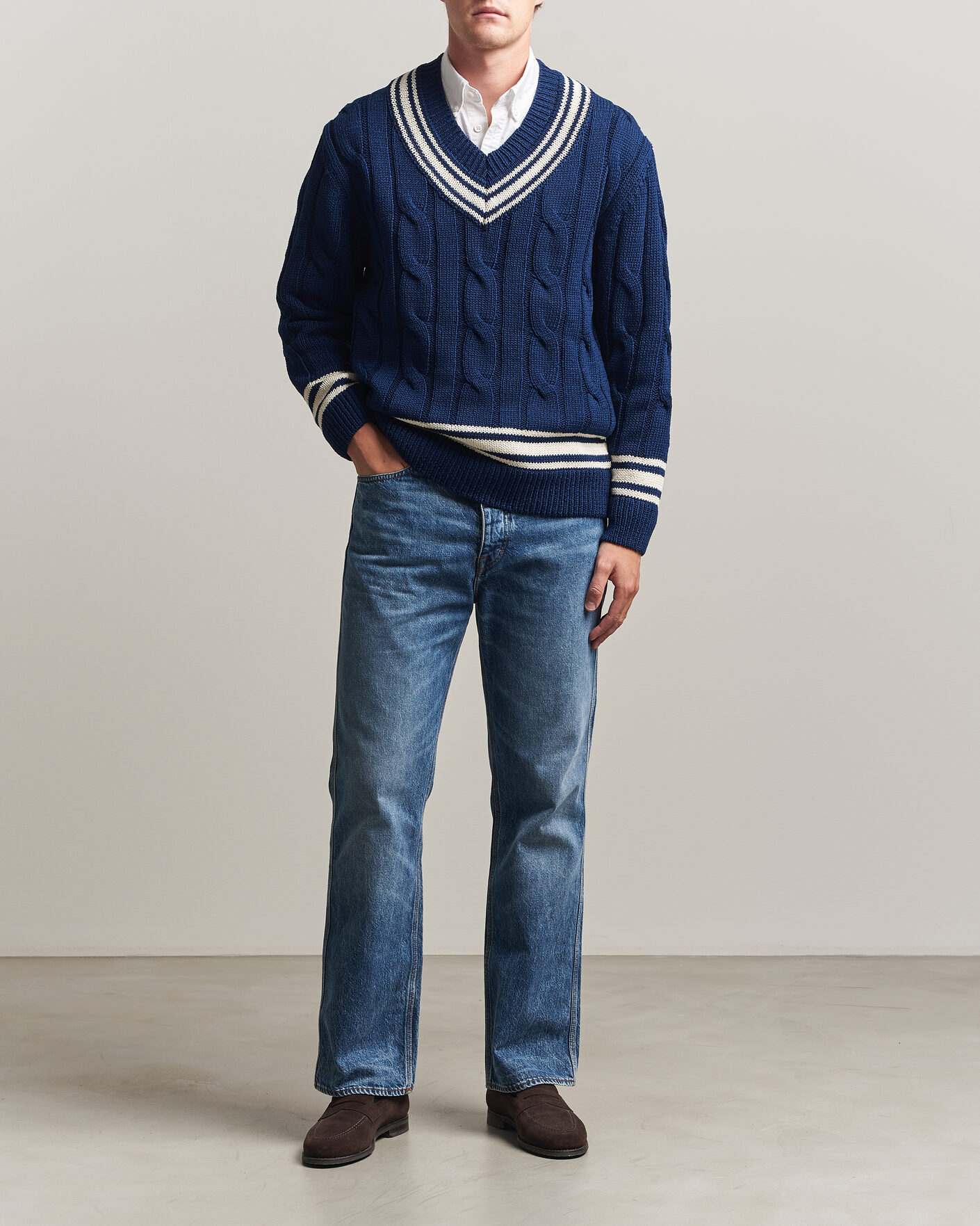 Herre | Gensere | Gant | Mercerized Cotton Knitted Cable V-Neck Persian Blue