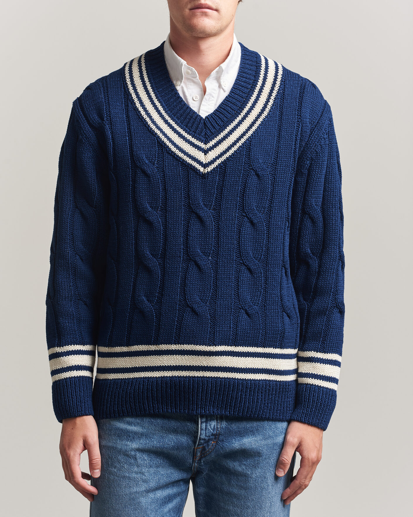 Herre | Gensere | Gant | Mercerized Cotton Knitted Cable V-Neck Persian Blue