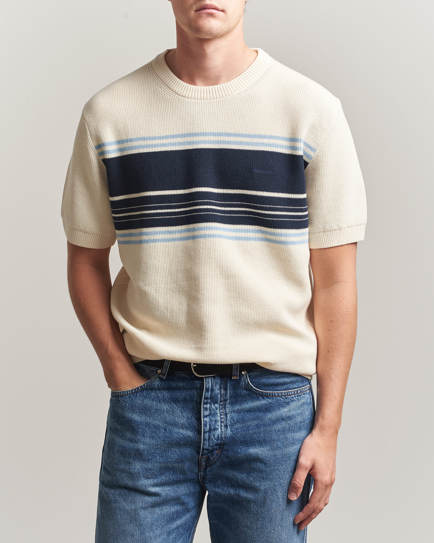 Herre | T-Shirts | Gant | Knitted Striped T-shirt Cream
