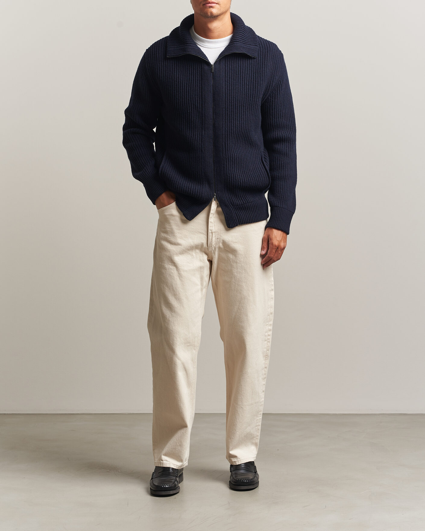 Herre | Gensere | Altea | Rib Wool Bomber Cardigan Navy