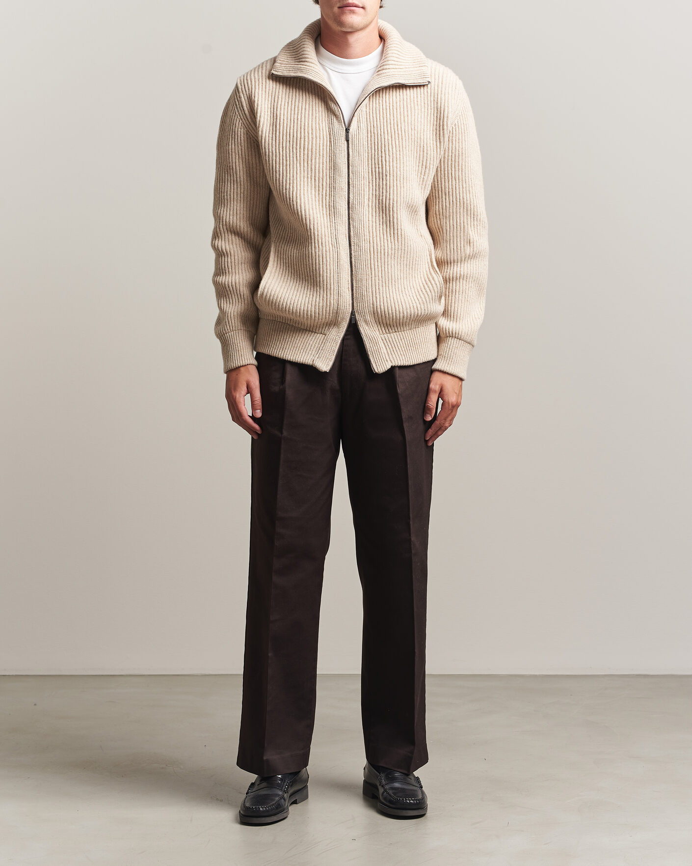 Herre | Gensere | Altea | Rib Wool Bomber Cardigan Beige