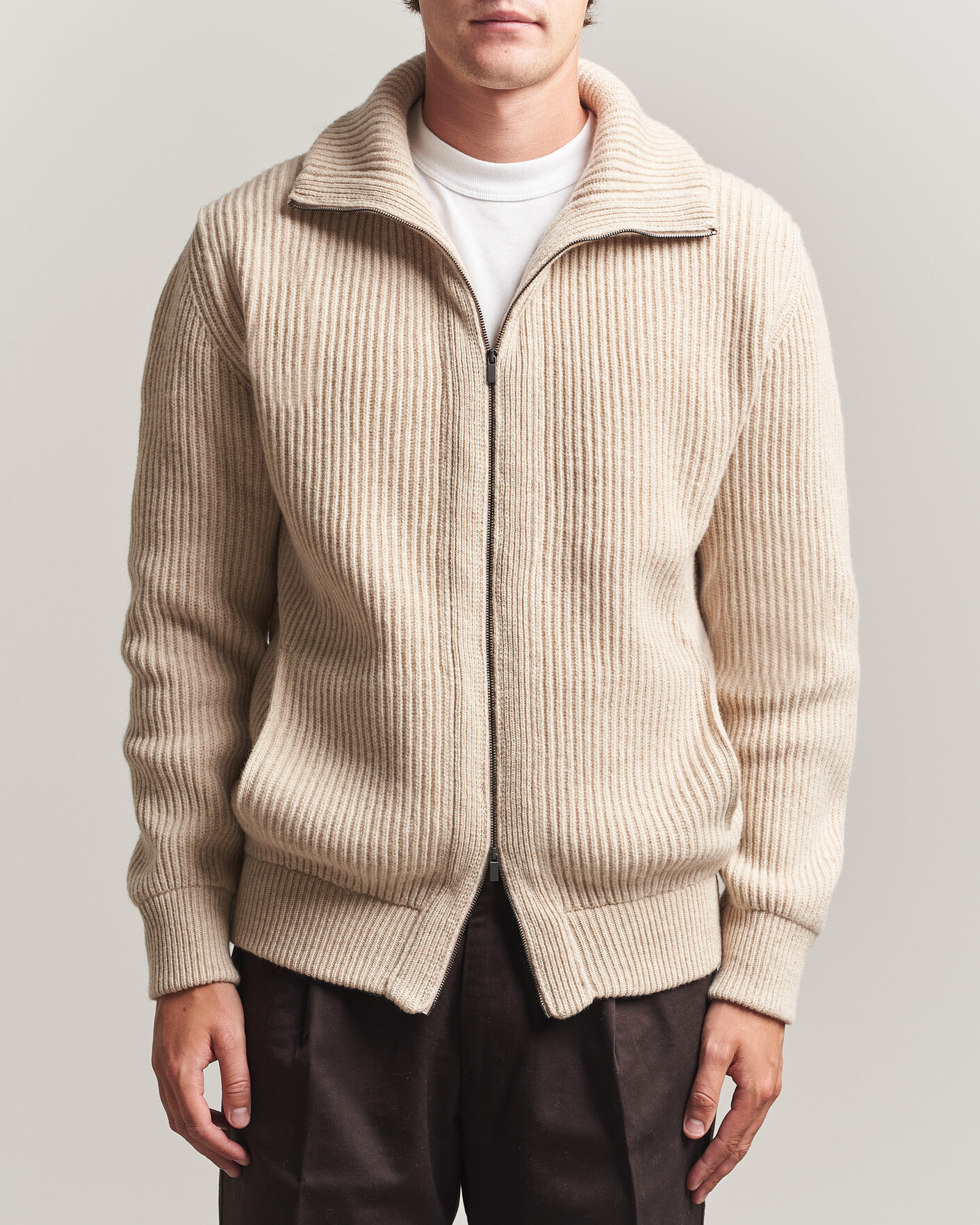 Herre | Gensere | Altea | Rib Wool Bomber Cardigan Beige