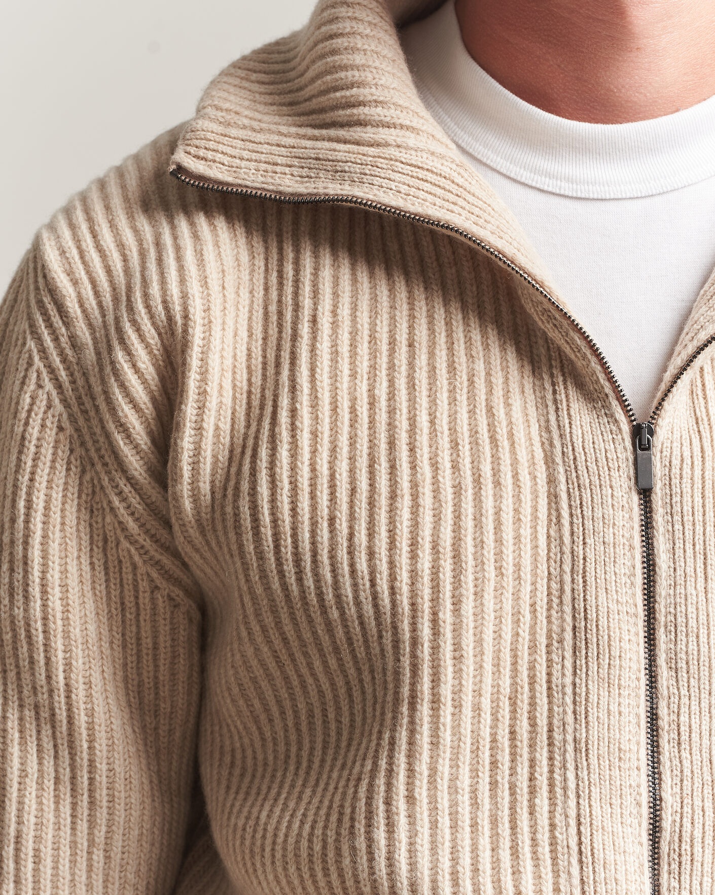 Herre | Gensere | Altea | Rib Wool Bomber Cardigan Beige