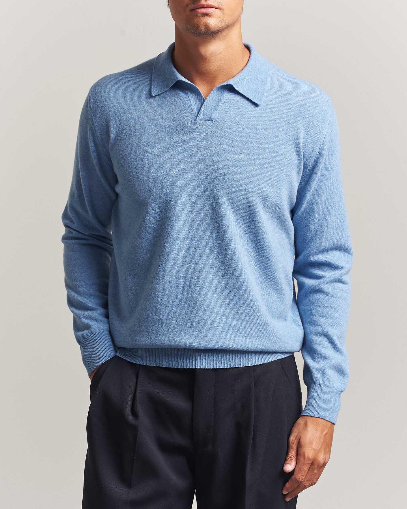 Herre | Gensere | Altea | Long Sleeve Knitted Polo Sky Blue