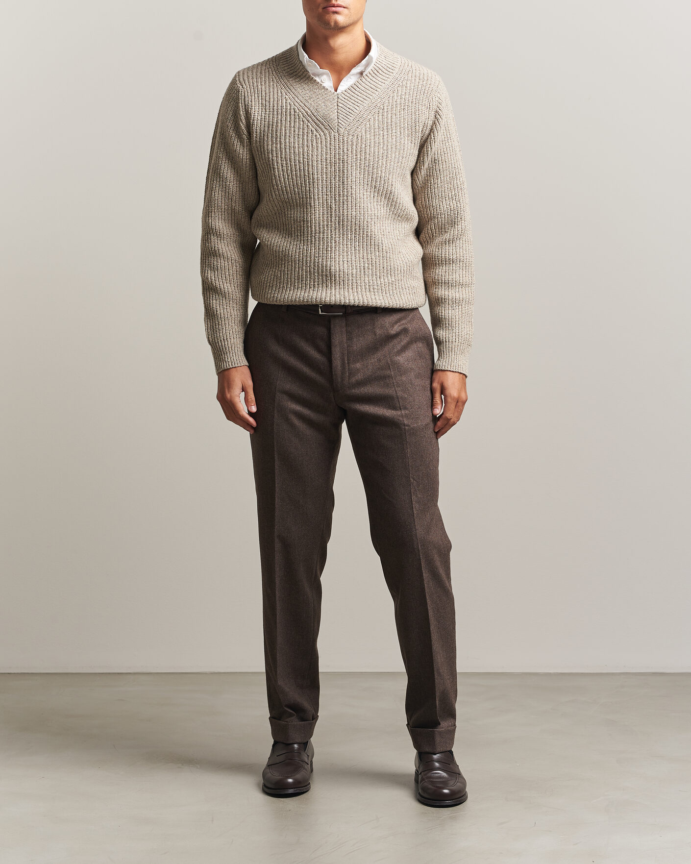 Herre | Gensere | Morgano | Fisherman Ribb Donegal Knitted V-Neck Beige