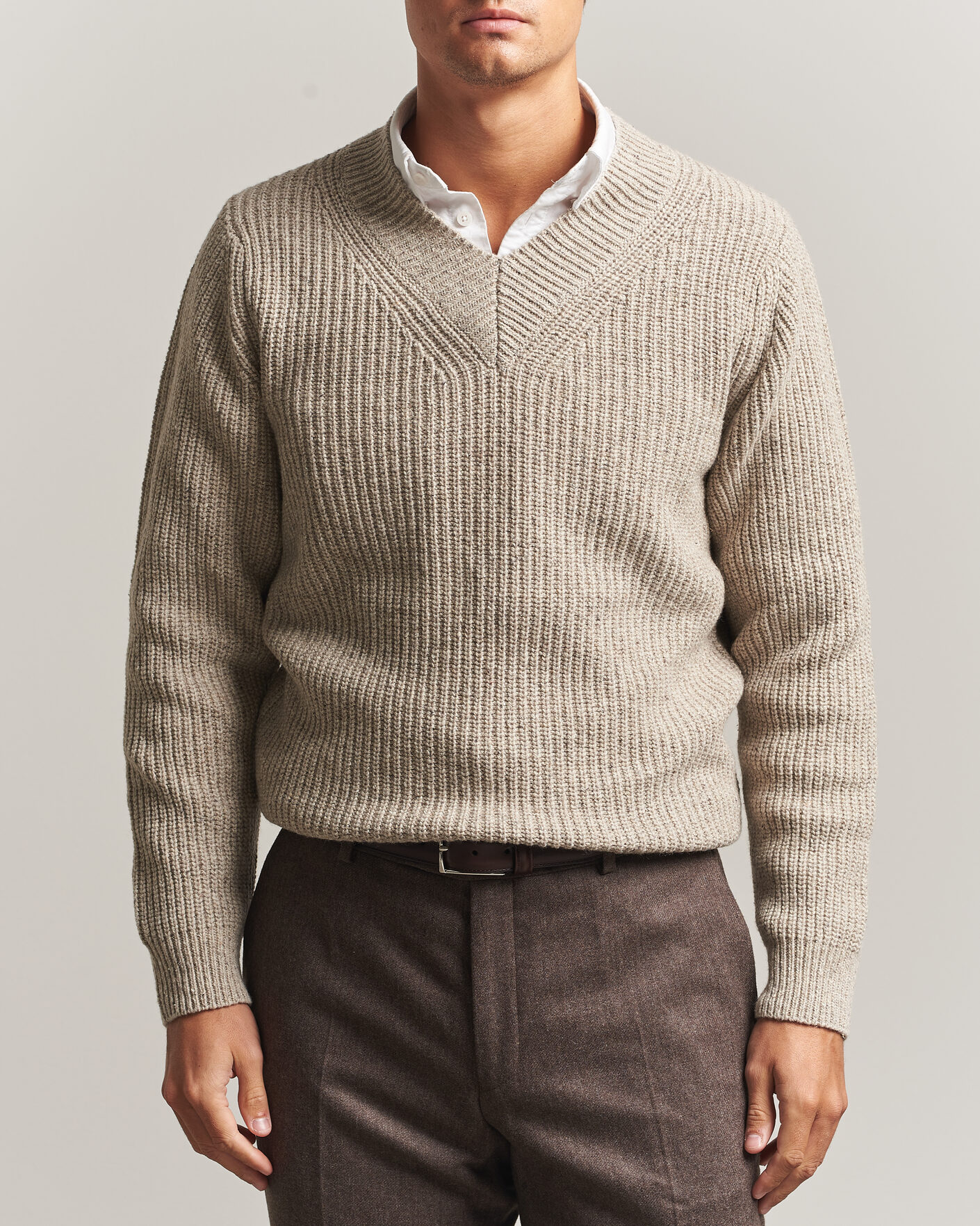 Herre | Gensere | Morgano | Fisherman Ribb Donegal Knitted V-Neck Beige
