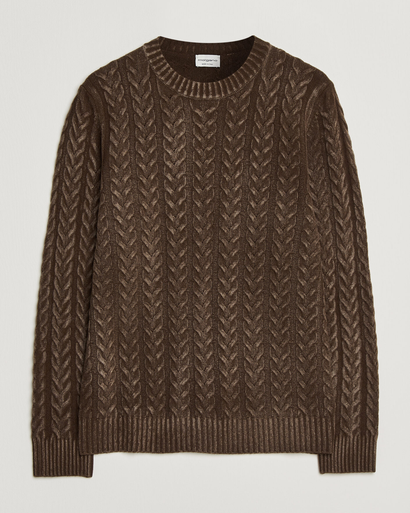 Herre | Gensere | Morgano | Cable Knitted Brushed Dyed Wool Crew Brown