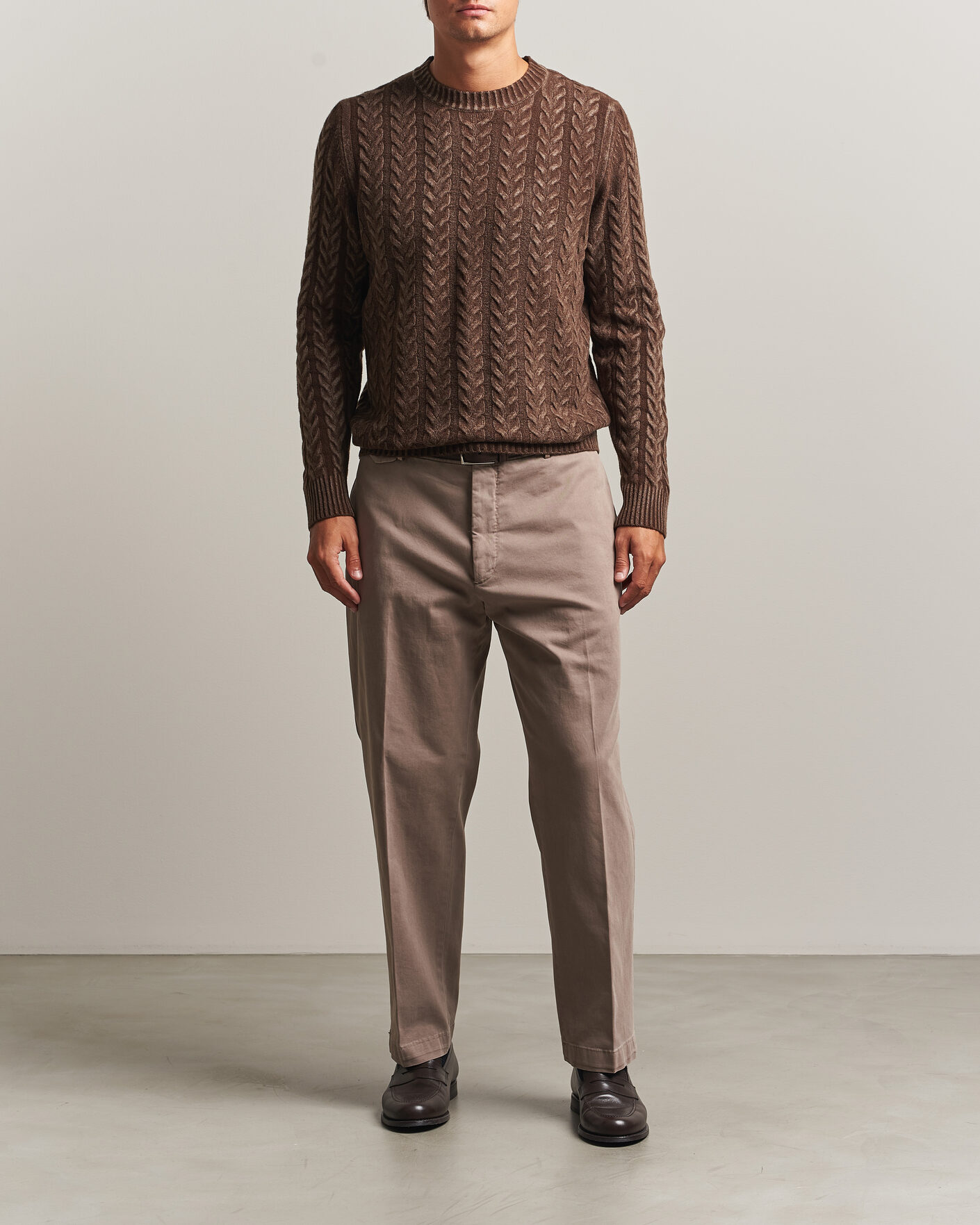Herre | Gensere | Morgano | Cable Knitted Brushed Dyed Wool Crew Brown