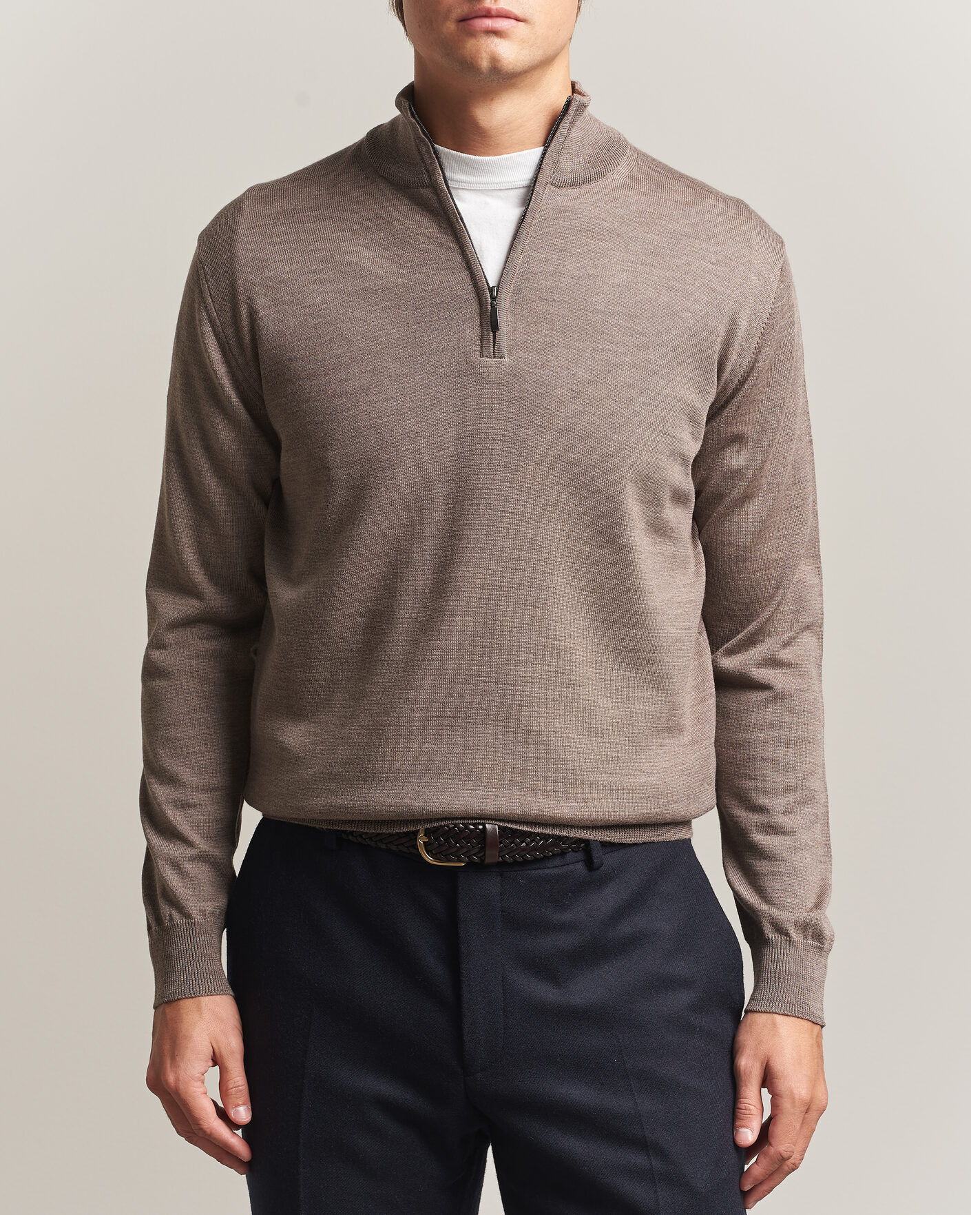 Herre | Gensere | Morgano | Extra Fine Merino Wool Half-Zip Mid Brown