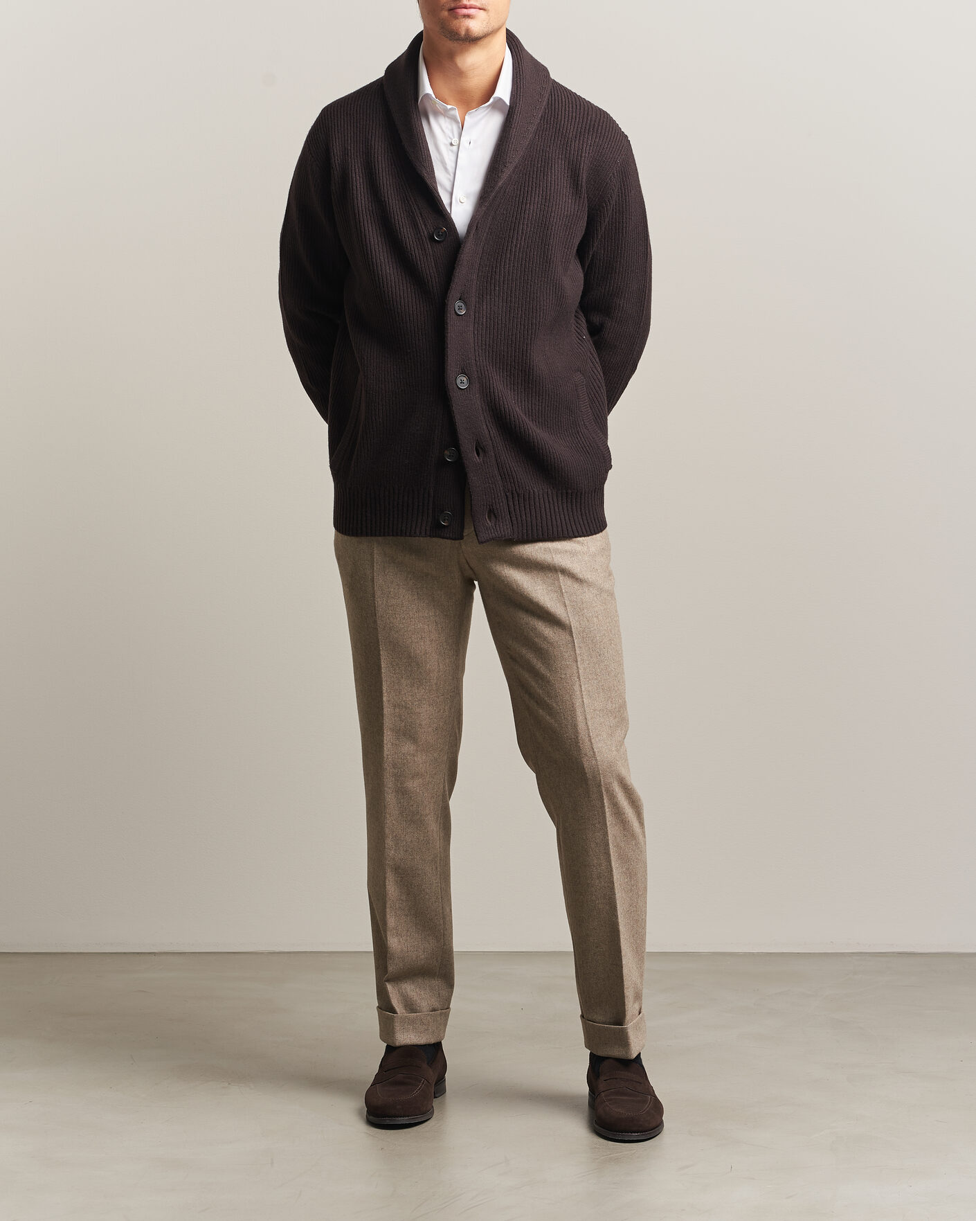 Herre | Gensere | Charles Tyrwhitt | Chunky Merino Shawl Neck Cardigan Chocolate