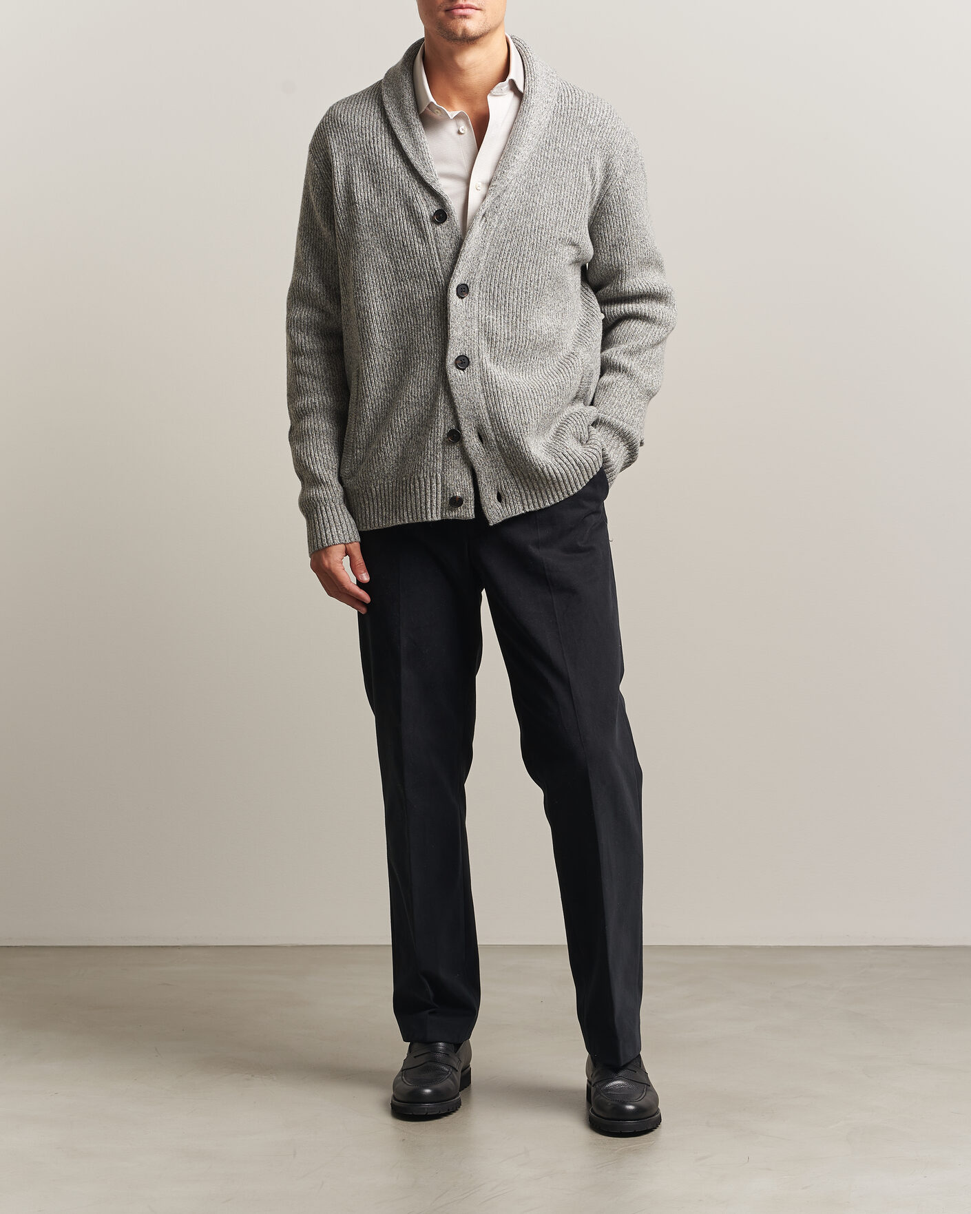 Herre | Gensere | Charles Tyrwhitt | Chunky Merino Shawl Neck Cardigan Grey