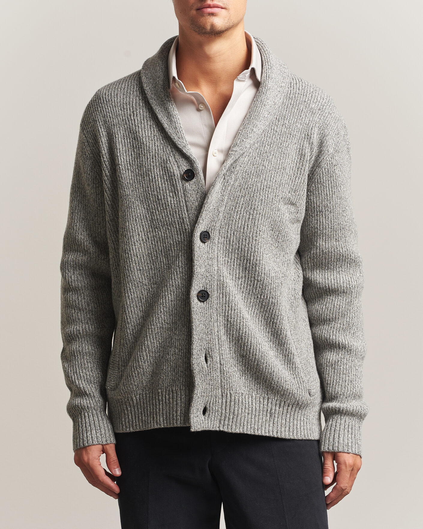 Herre | Gensere | Charles Tyrwhitt | Chunky Merino Shawl Neck Cardigan Grey