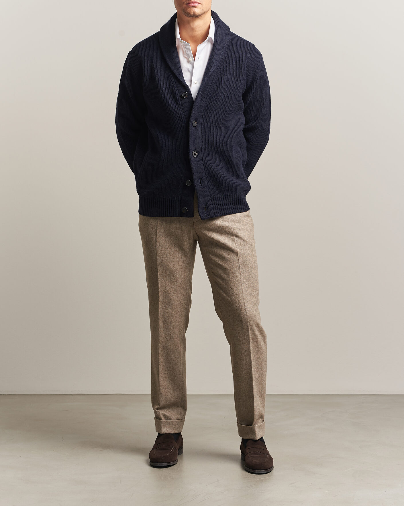 Herre | Gensere | Charles Tyrwhitt | Chunky Merino Shawl Neck Cardigan Navy