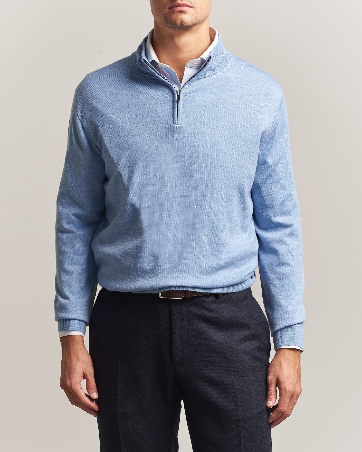 Herre | Gensere | Charles Tyrwhitt | Pure Merino Zip Neck Jumper Cornflower Blue