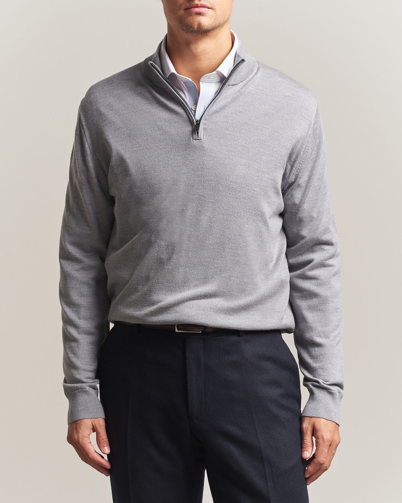 Herre | Gensere | Charles Tyrwhitt | Pure Merino Zip Neck Jumper Light Grey